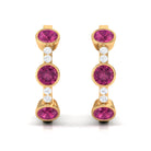 Bezel Set Pink Tourmaline 3 Stone Hinged Hoop Earrings with Diamond Pink Tourmaline - ( AAA ) - Quality - Rosec Jewels