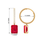 Emerald Cut Created Ruby Hoop Drop Earrings with Diamond Accent Lab Created Ruby - ( AAAA ) - Quality - Rosec Jewels