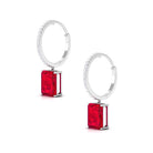 Emerald Cut Created Ruby Hoop Drop Earrings with Diamond Accent Lab Created Ruby - ( AAAA ) - Quality - Rosec Jewels