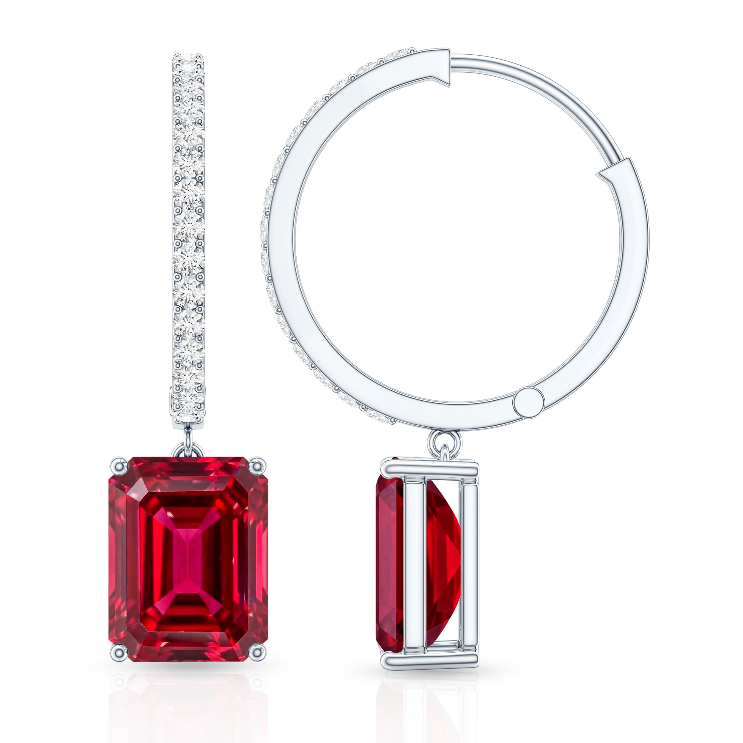 Emerald Cut Lab Created Ruby and Diamond Hoop Drop Earrings AAAA - Rosec Jewels