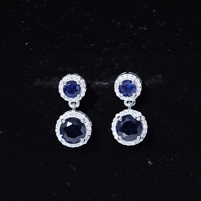 Lab Created Blue Sapphire Wedding Dangle Earrings with Moissanite Halo AAAA - Rosec Jewels