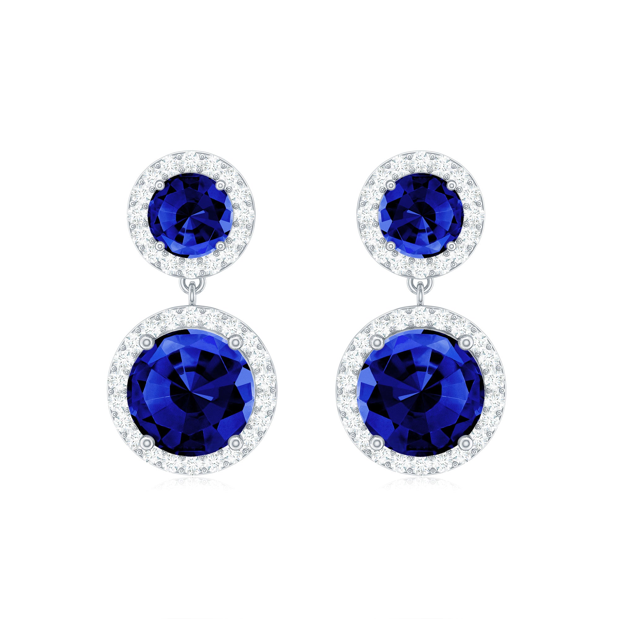 Lab Created Blue Sapphire Wedding Dangle Earrings with Moissanite Halo AAAA - Rosec Jewels
