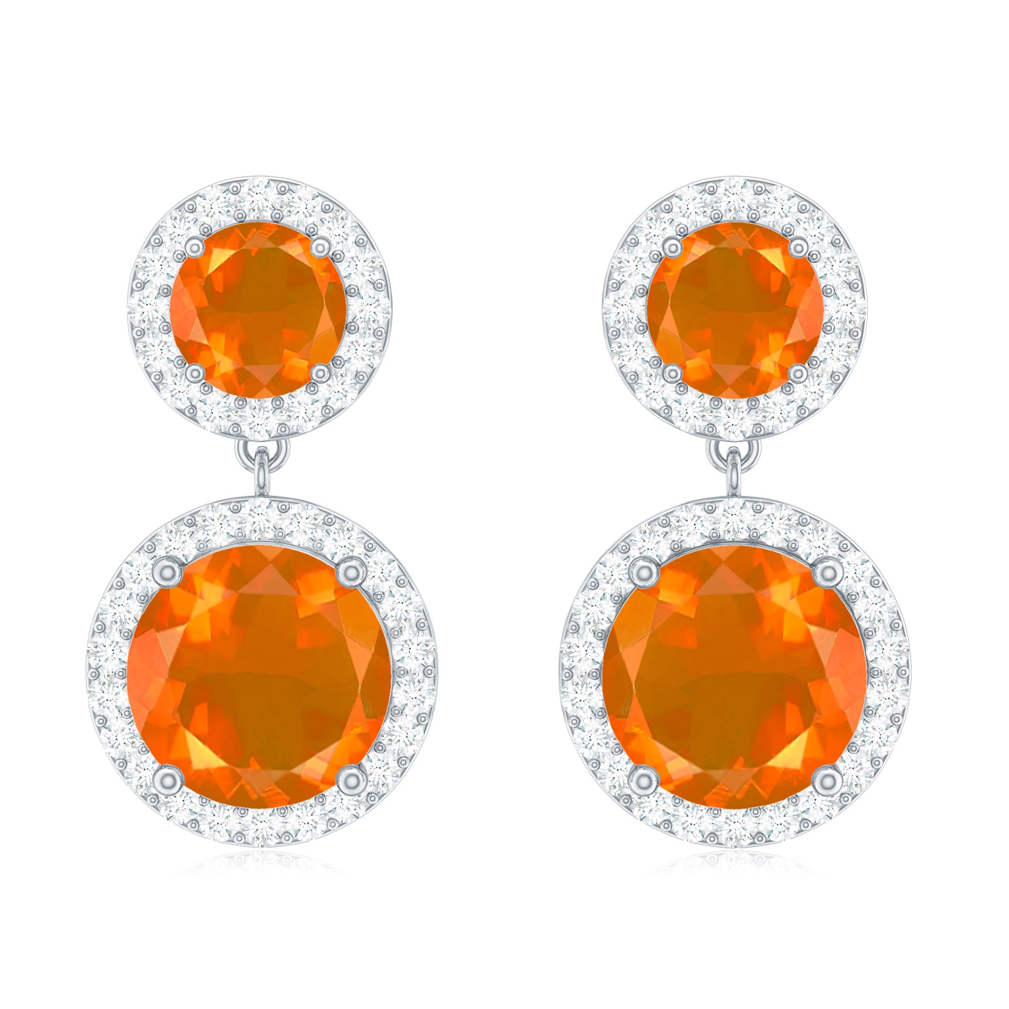 Natural Fire Opal and Diamond Halo Dangle Earrings Fire Opal - ( AAA ) - Quality - Rosec Jewels