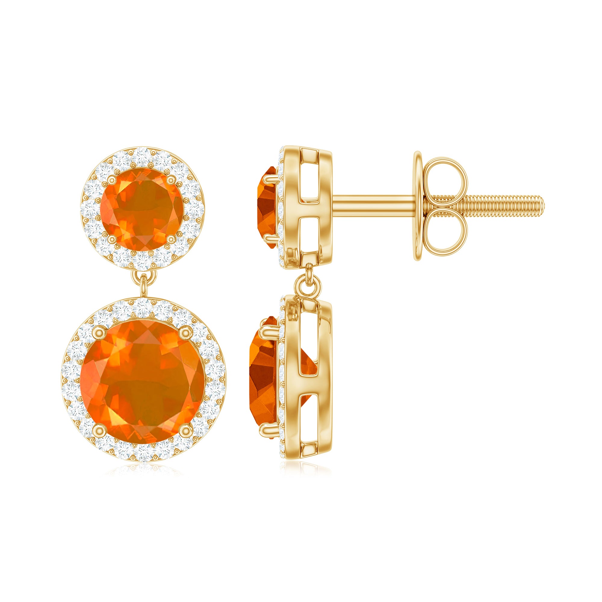 Natural Fire Opal and Diamond Halo Dangle Earrings Fire Opal - ( AAA ) - Quality - Rosec Jewels