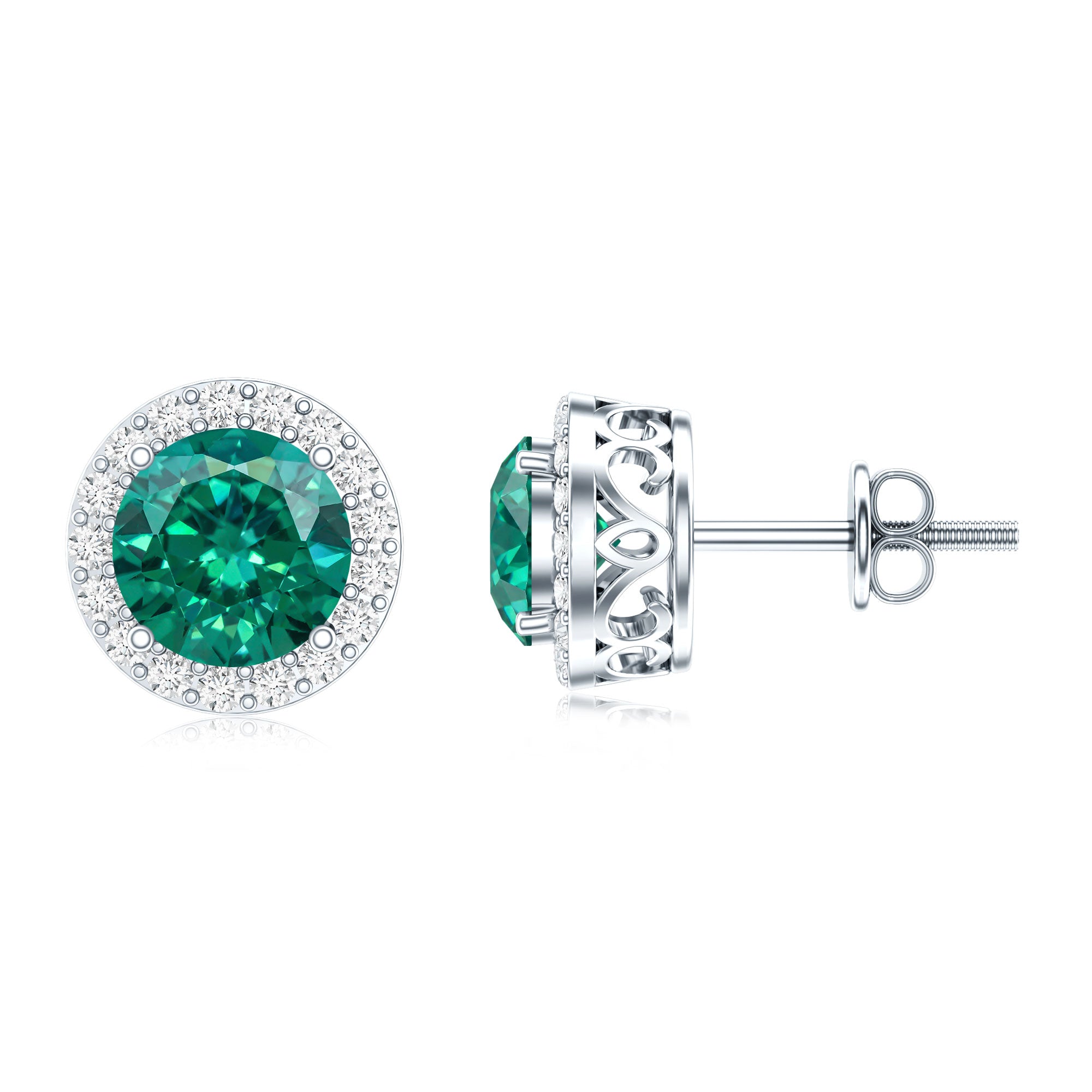 Created Emerald and Diamond Classic Halo Stud Earrings AAAA - Rosec Jewels