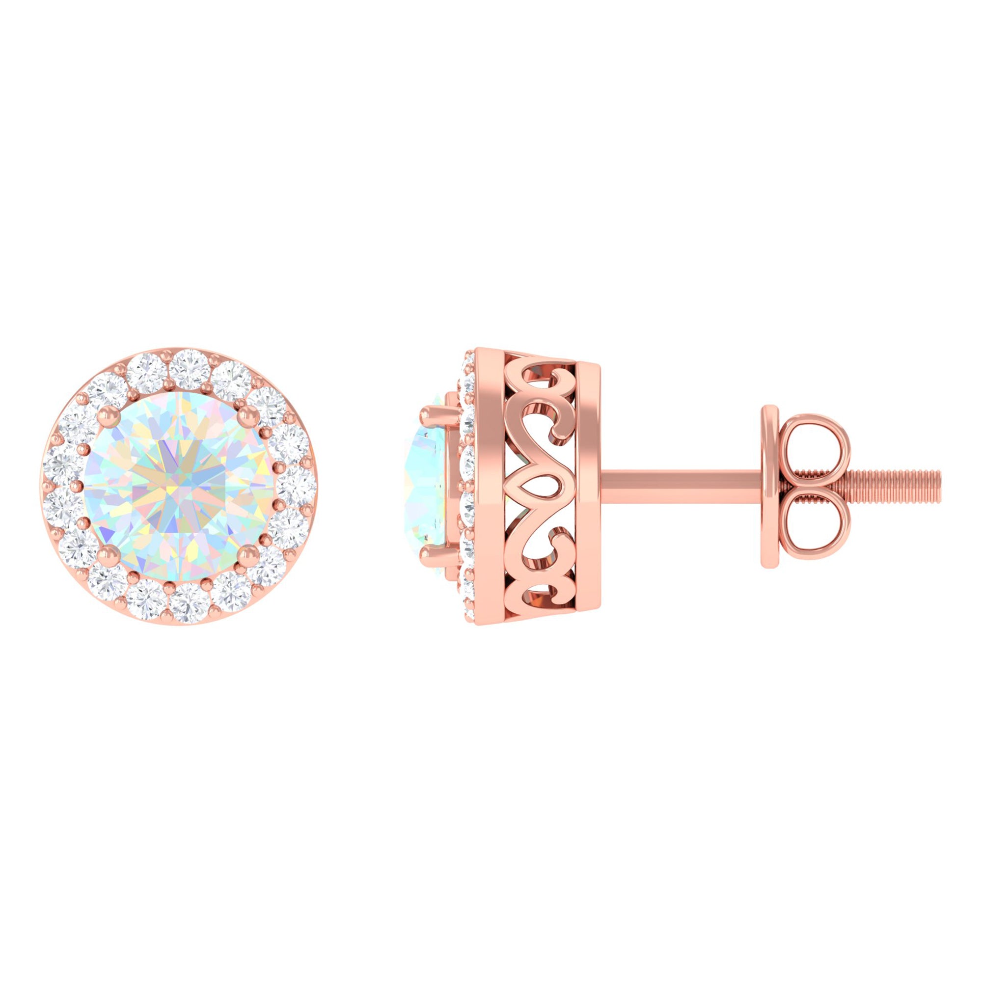 1.6 Carat Round Ethiopian Opal Stud Earrings with Diamond Halo in Prong Setting AAA - Rosec Jewels
