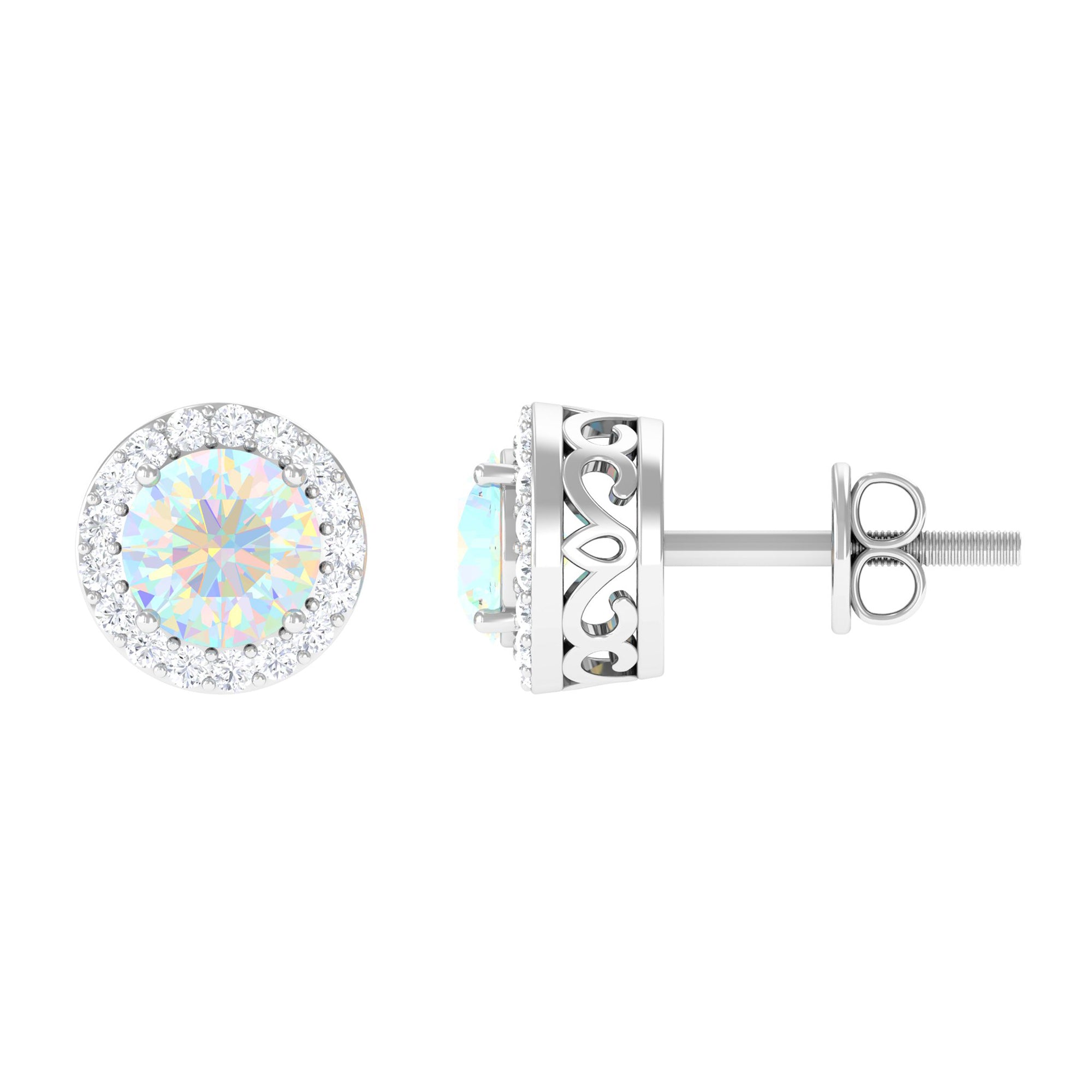 2 CT Round Ethiopian Opal Minimal Stud Earrings with Diamond Halo in Prong Setting