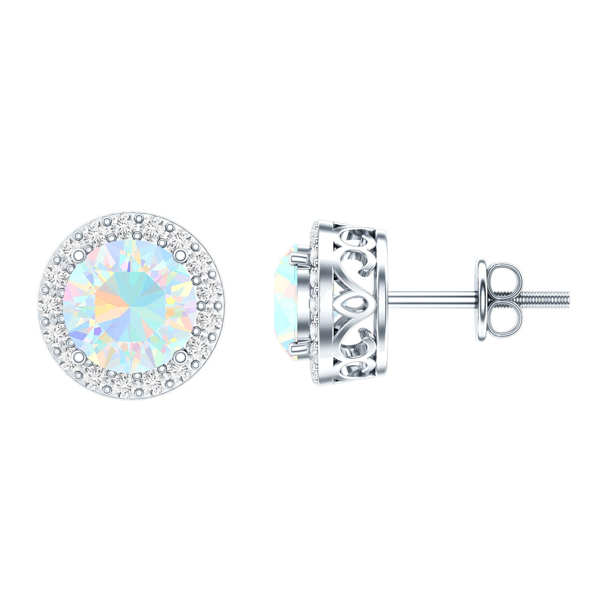 1.6 Carat Round Ethiopian Opal Stud Earrings with Diamond Halo in Prong Setting AAA - Rosec Jewels