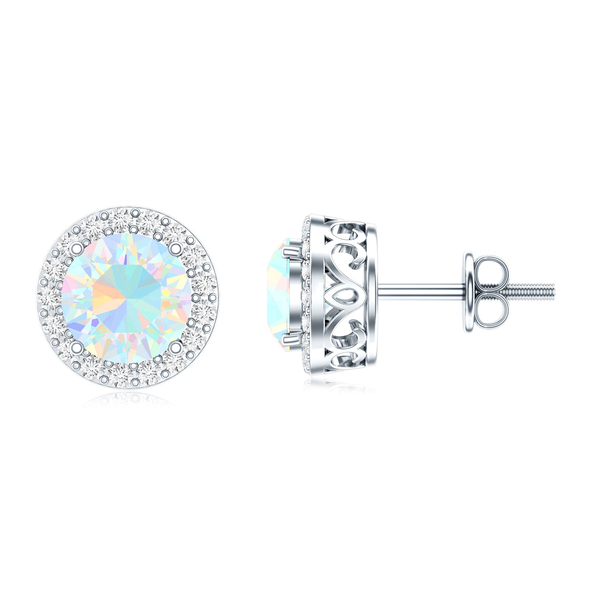 1.6 Carat Round Ethiopian Opal Stud Earrings with Diamond Halo in Prong Setting AAA - Rosec Jewels