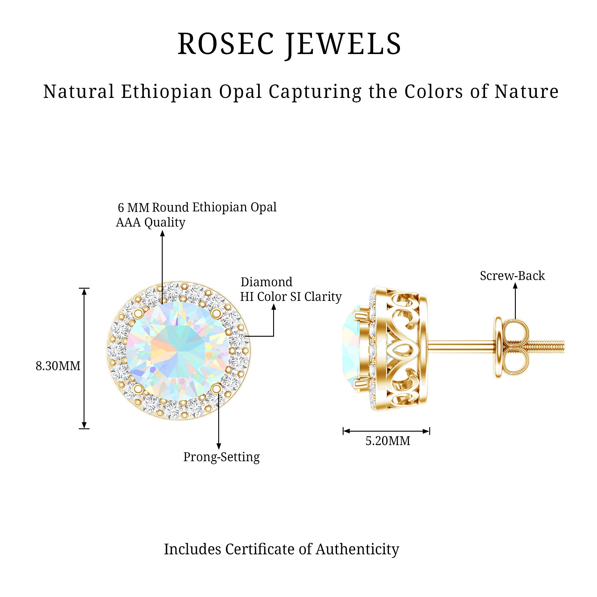 1.6 Carat Round Ethiopian Opal Stud Earrings with Diamond Halo in Prong Setting AAA - Rosec Jewels
