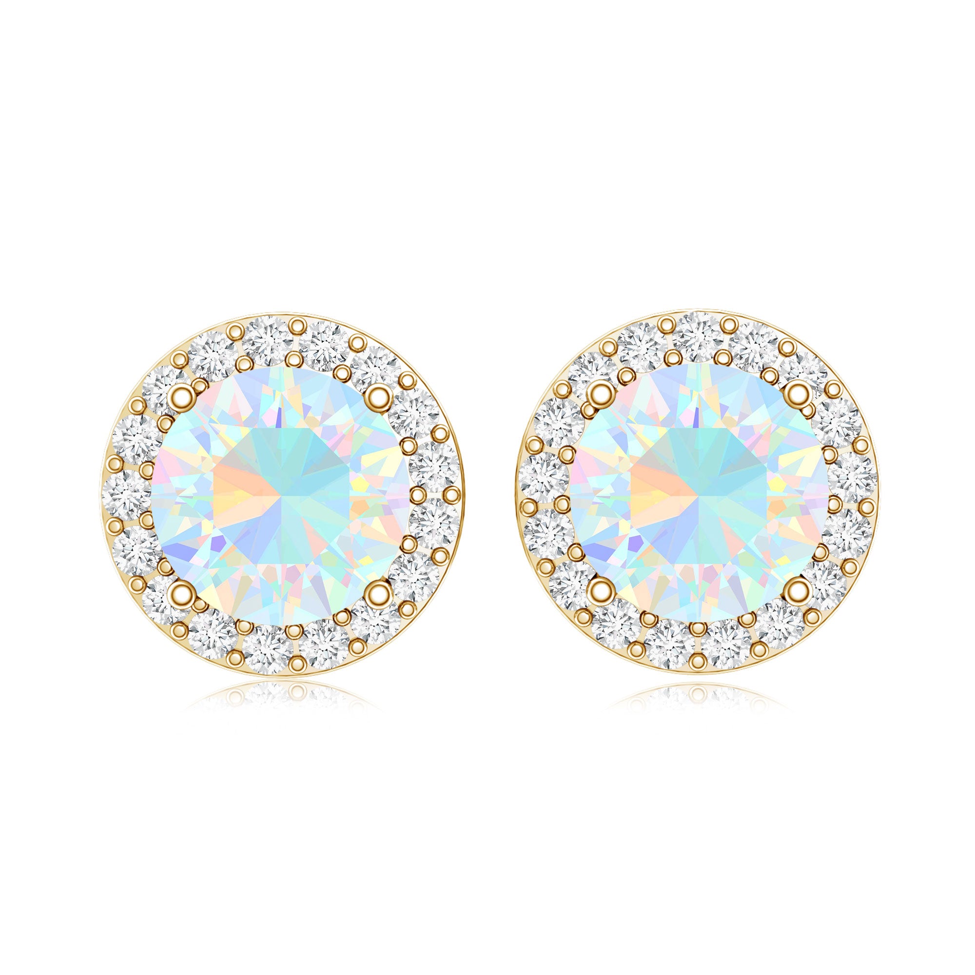 1.6 Carat Round Ethiopian Opal Stud Earrings with Diamond Halo in Prong Setting AAA - Rosec Jewels