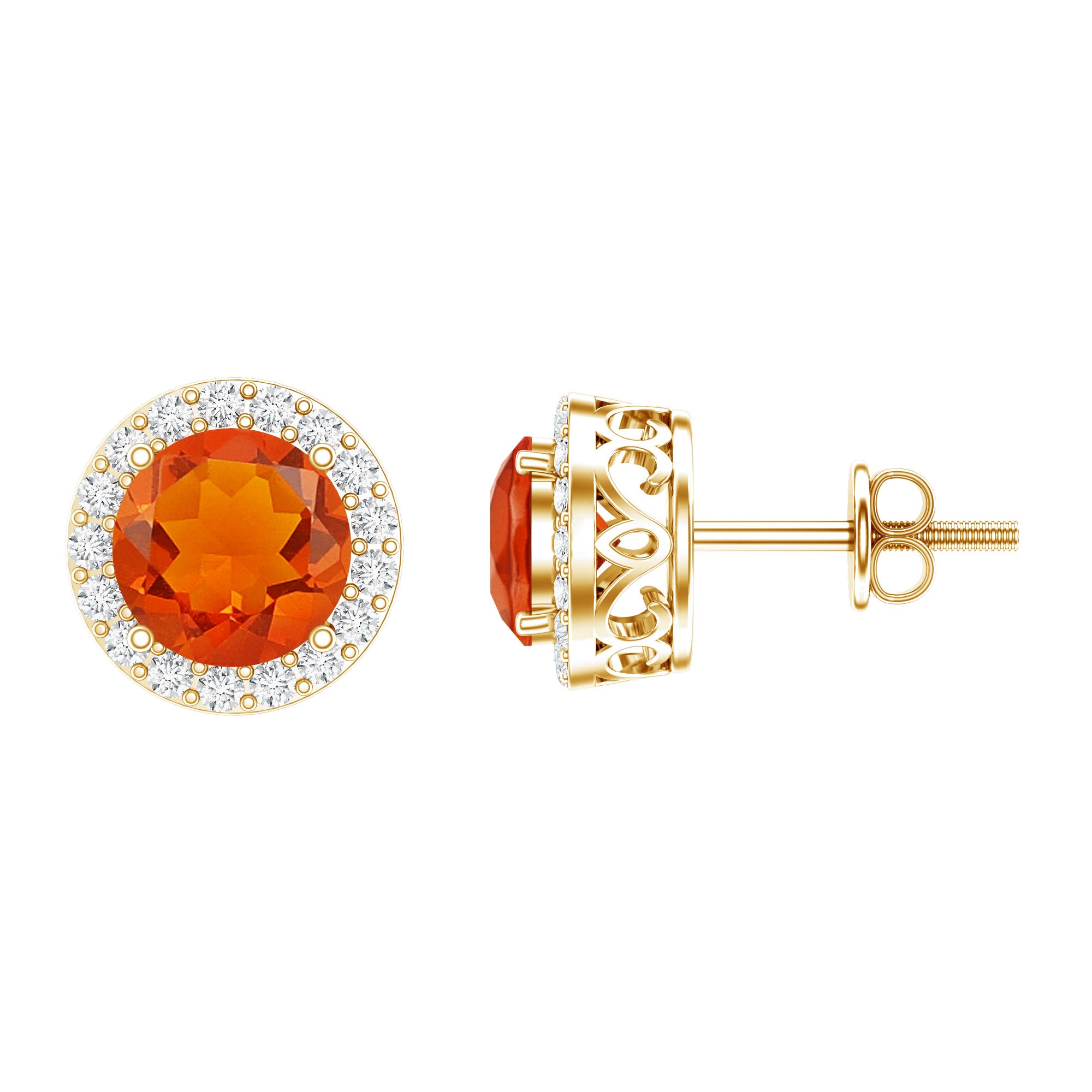 Round Fire Opal Minimal Halo Stud Earrings with Diamond AAA - Rosec Jewels