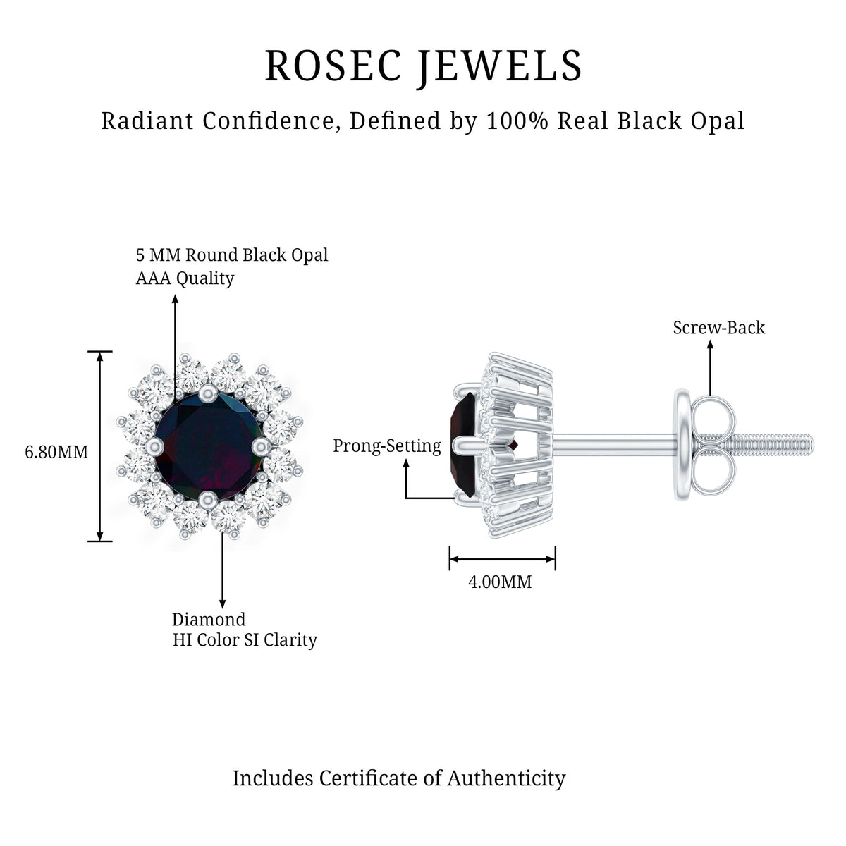 Genuine Black Opal Diamond Earrings with Screw Back AAA - Rosec Jewels