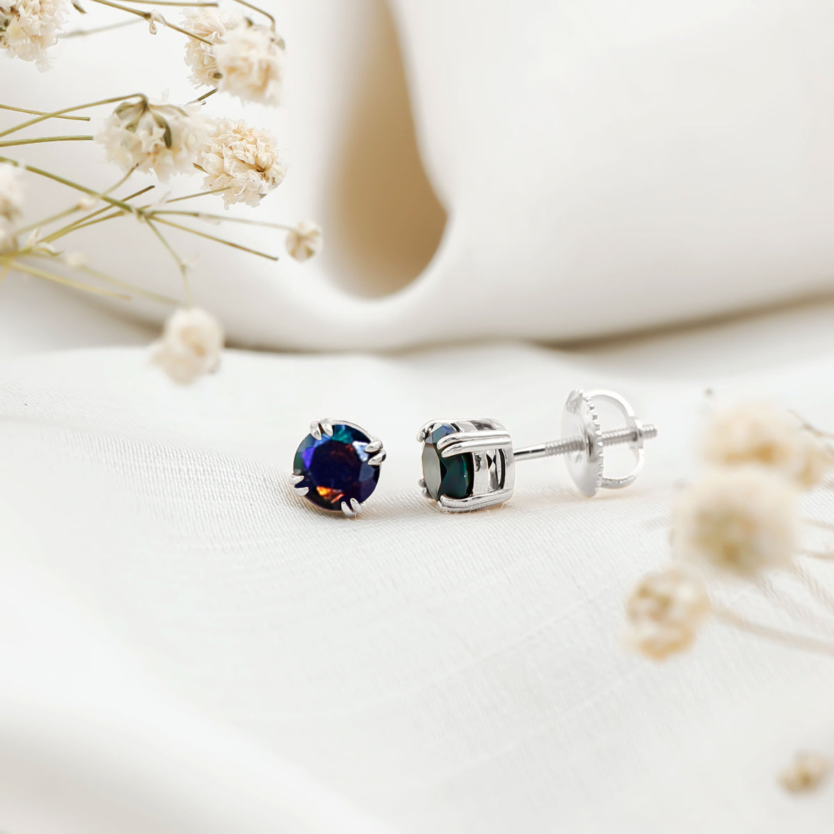 0.9 Carat Natural Black Opal Solitaire Stud Earrings with Screw Back AAA - Rosec Jewels