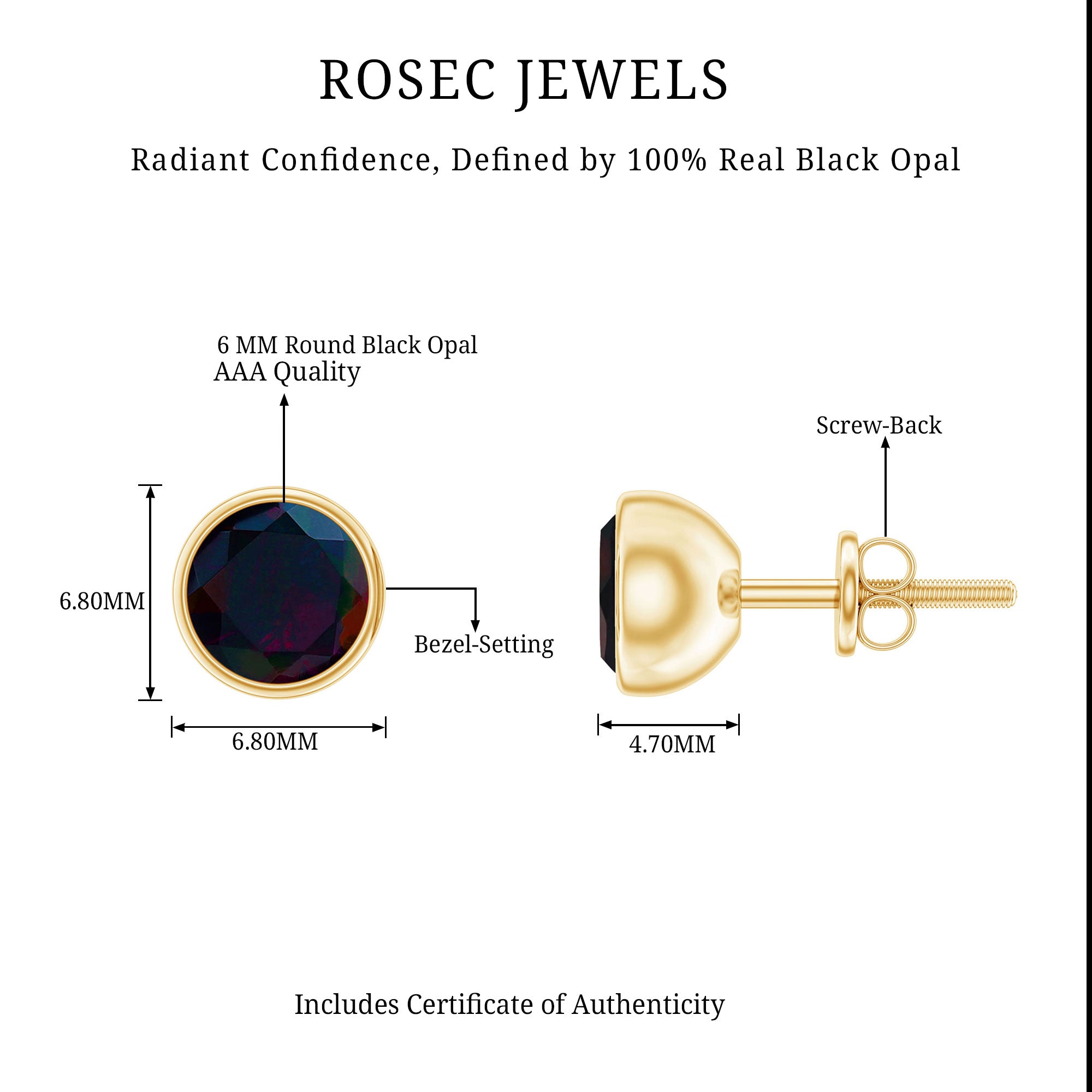 Bezel Set 6mm Black Opal Stud Earrings with Certificate AAA - Rosec Jewels