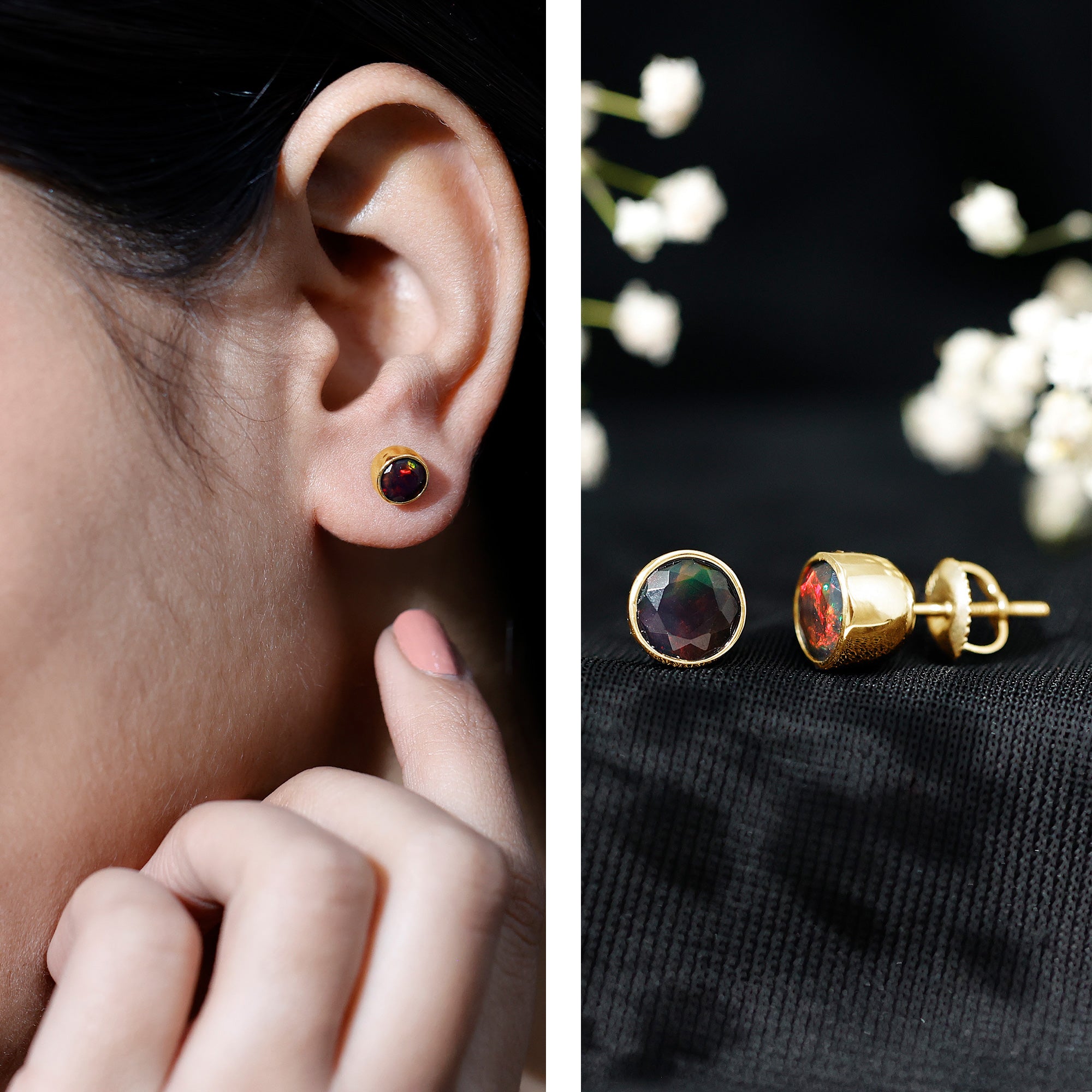 Bezel Set 6mm Black Opal Stud Earrings with Certificate AAA - Rosec Jewels
