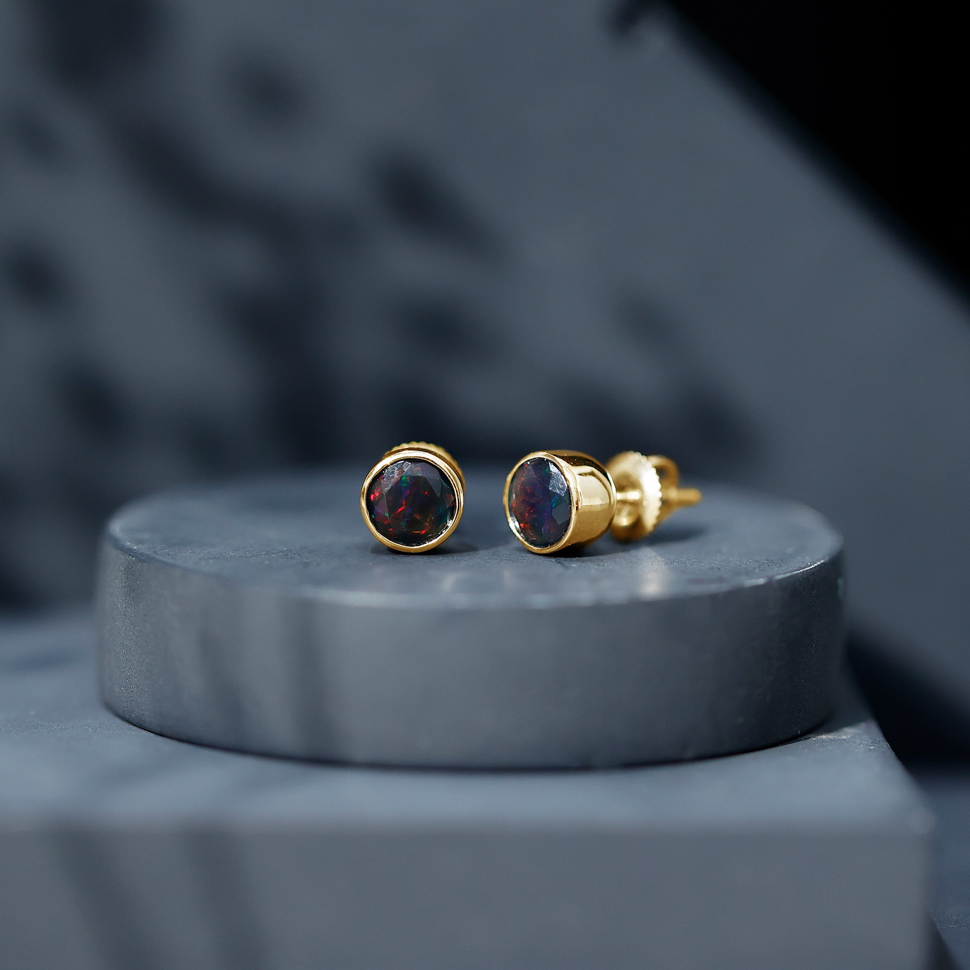 Bezel Set 6mm Black Opal Stud Earrings with Certificate AAA - Rosec Jewels