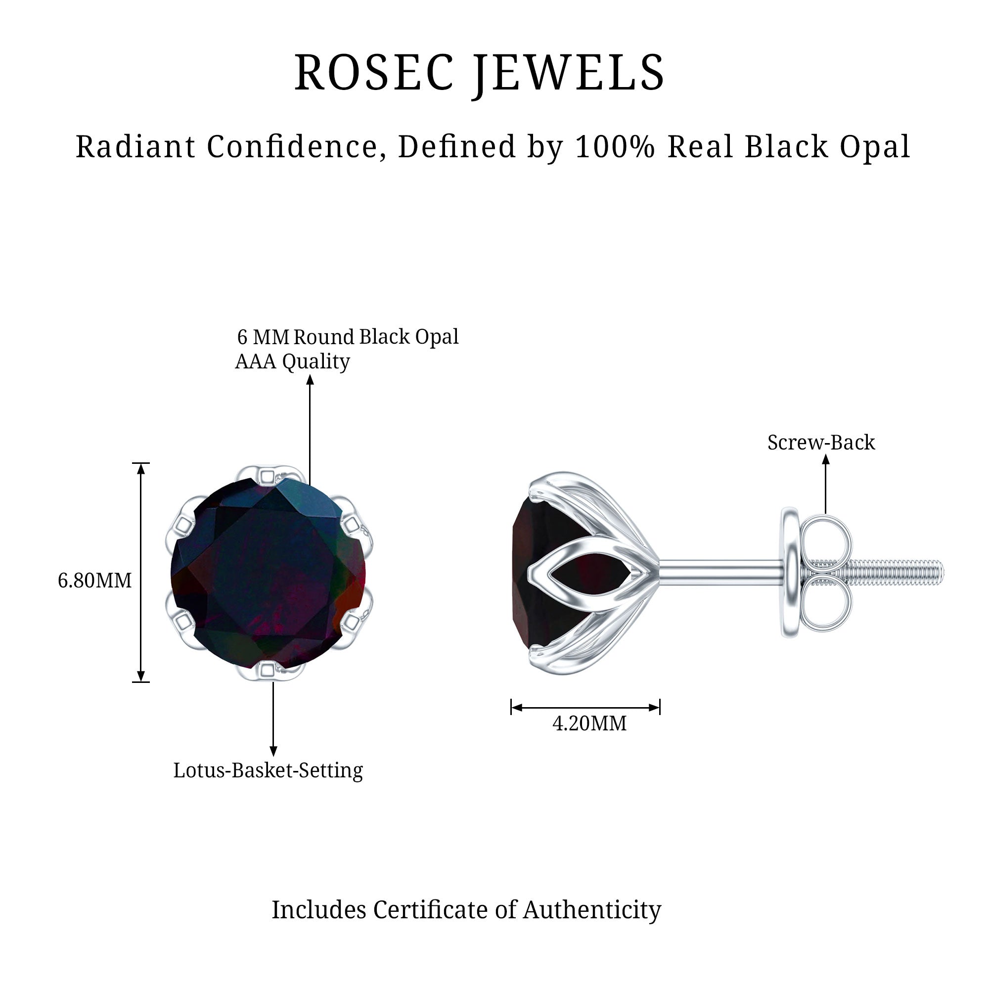 1.6 Carat Round Shape Black Opal Solitaire Stud Earrings AAA - Rosec Jewels