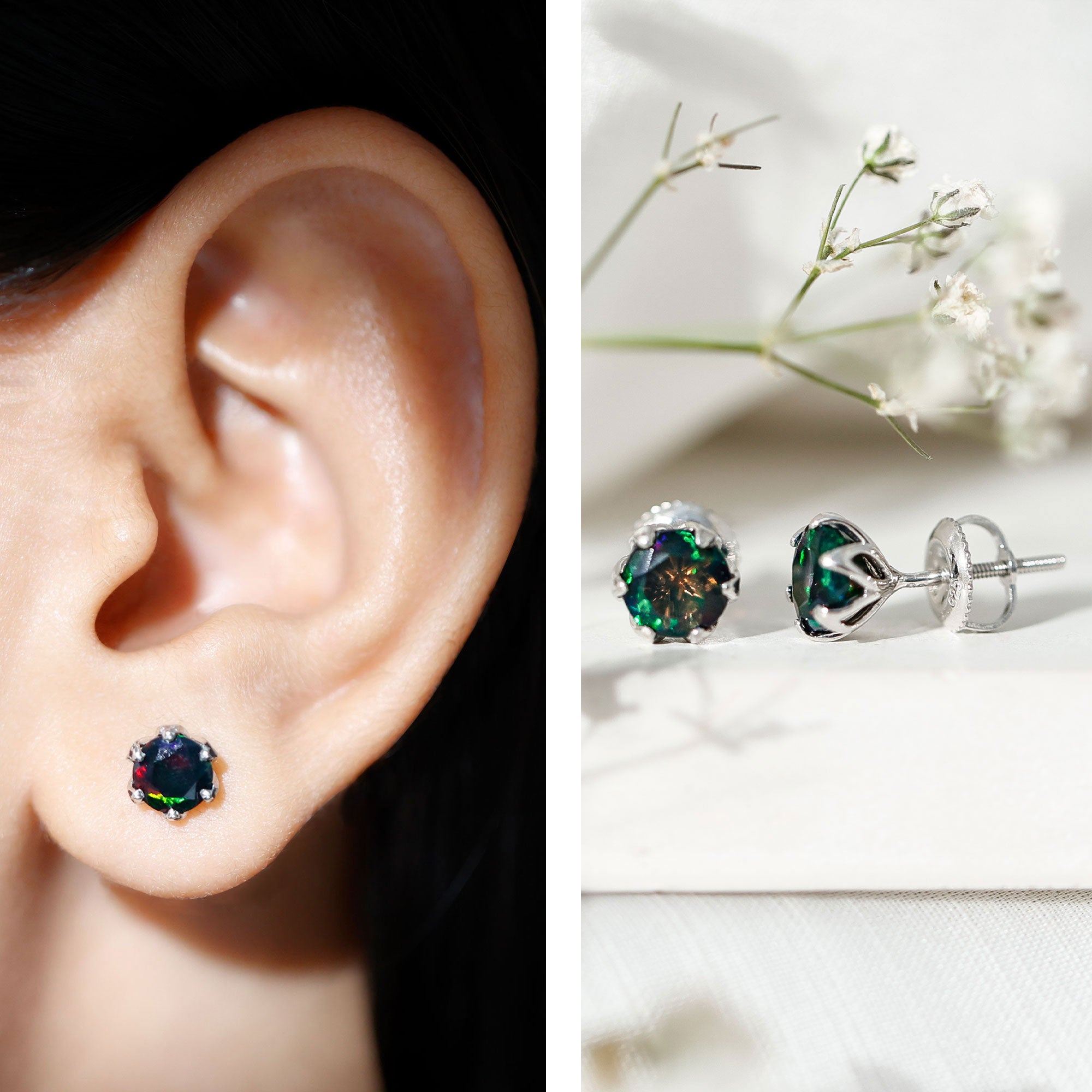 1.6 Carat Round Shape Black Opal Solitaire Stud Earrings AAA - Rosec Jewels