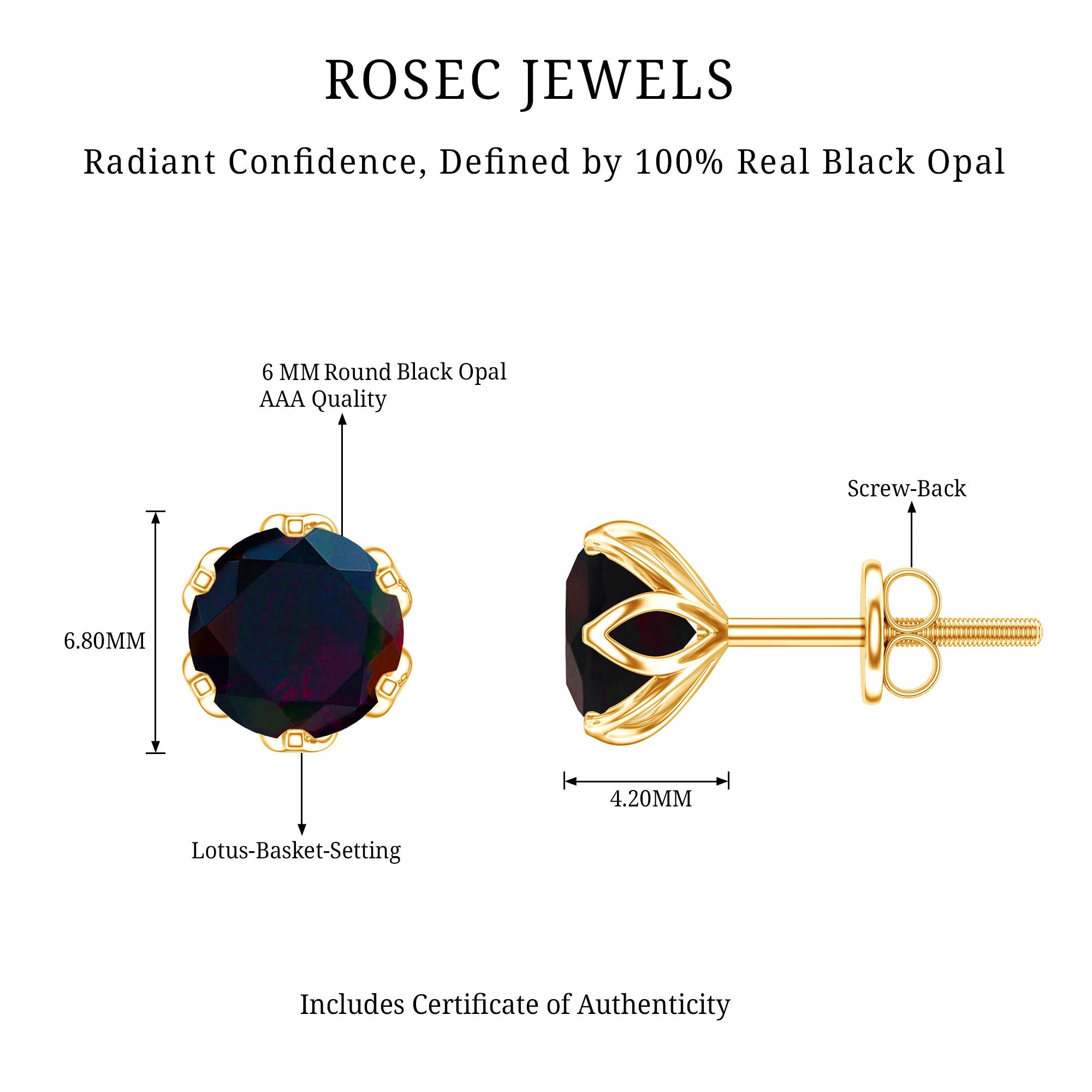 1.6 Carat Round Shape Black Opal Solitaire Stud Earrings AAA - Rosec Jewels