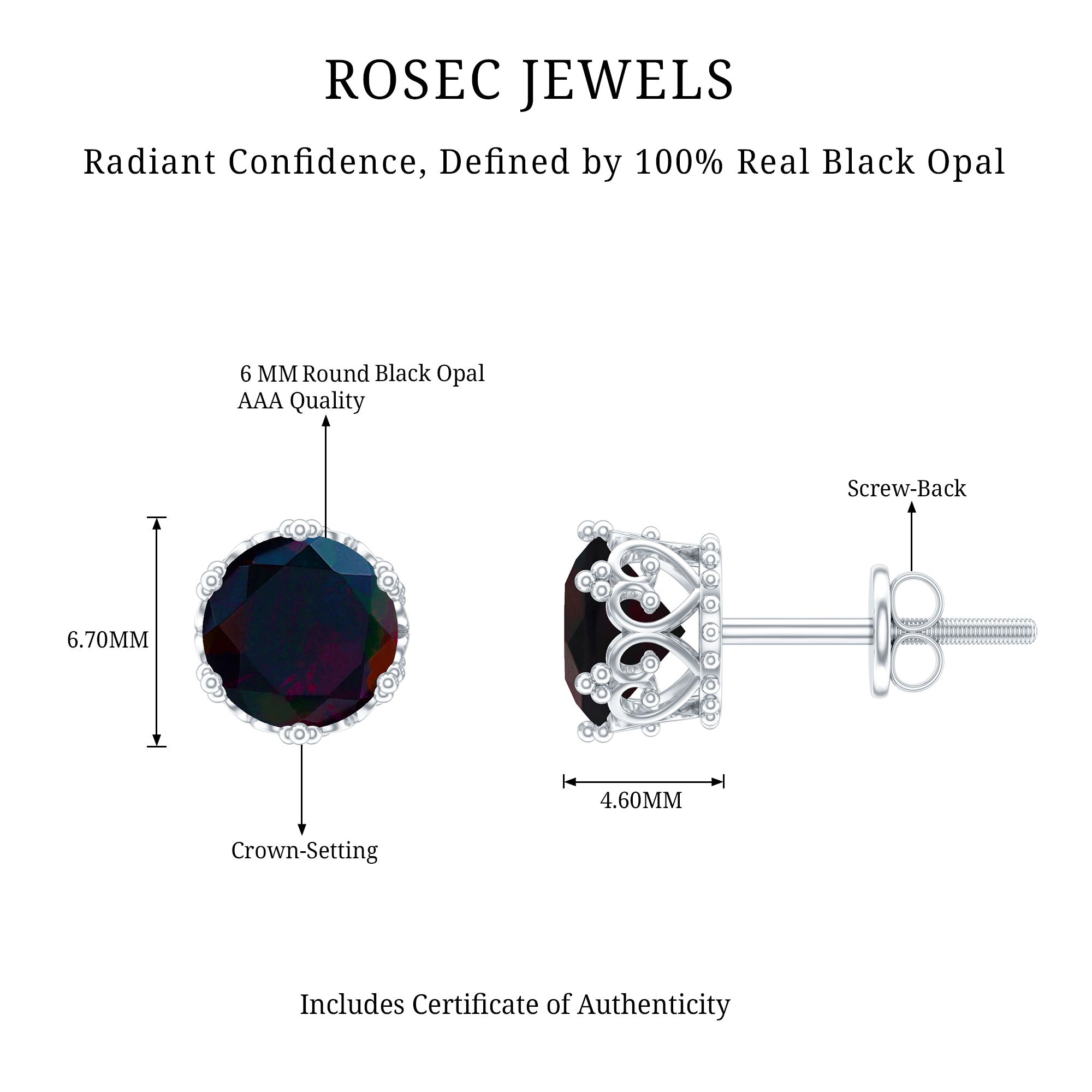 Natural Black Opal Crown Stud Earrings with Screw Back AAA - Rosec Jewels