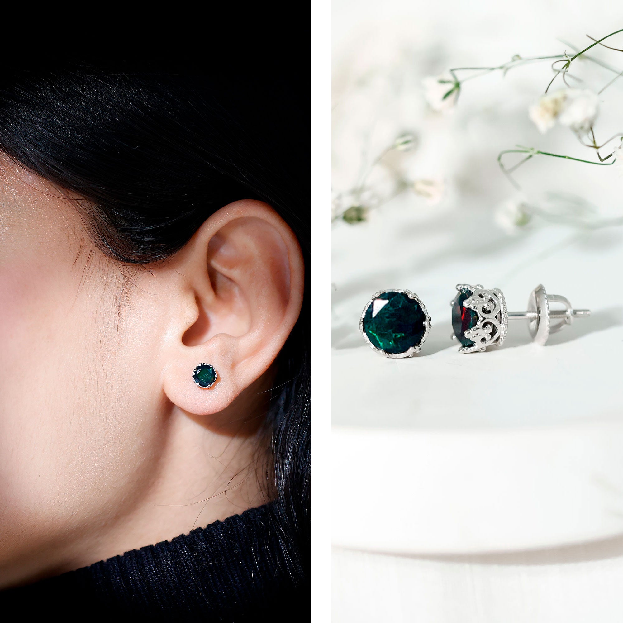 Natural 1.6 Carat Black Opal Crown Stud Earrings in Silver AAA 92.5 Sterling Silver - Rosec Jewels