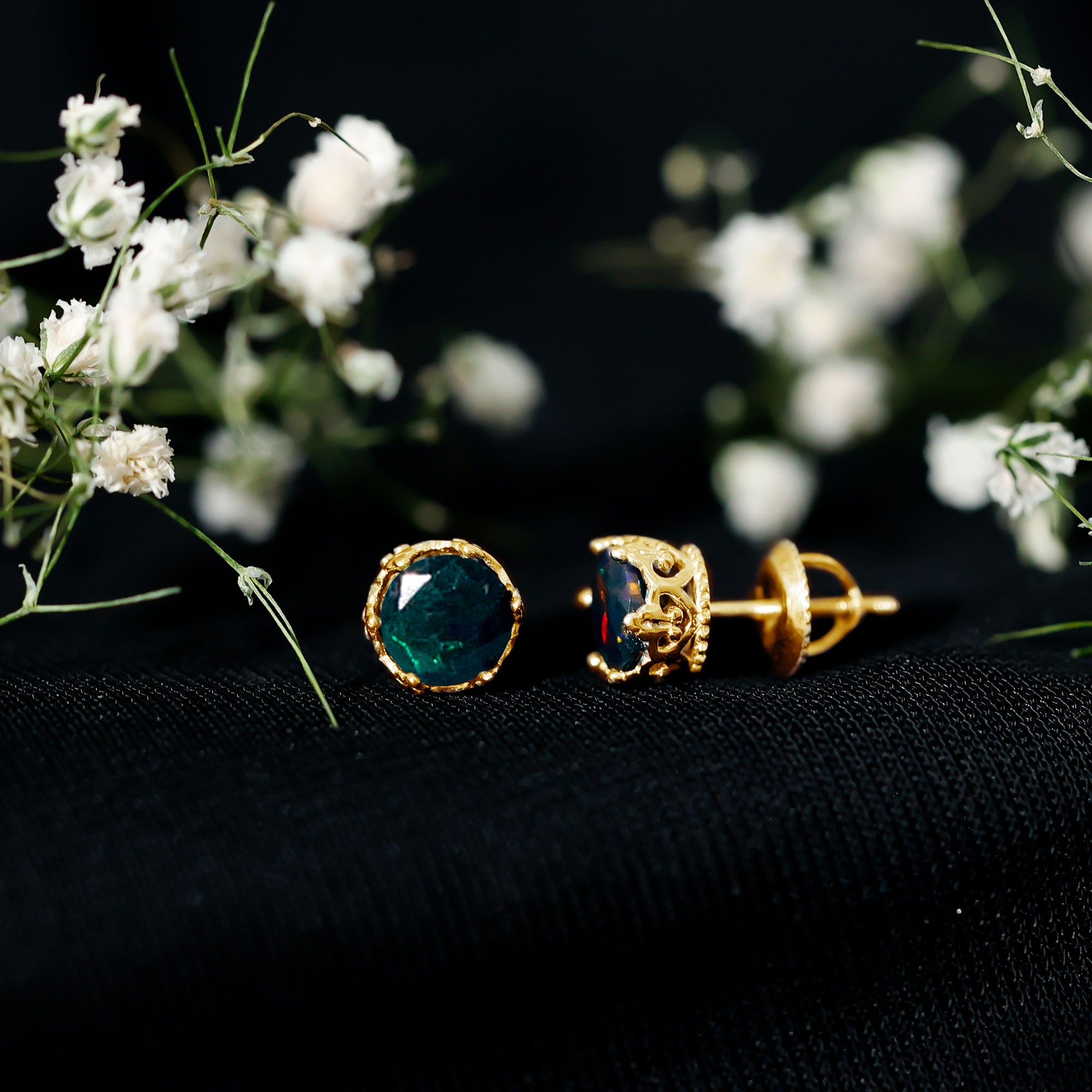Natural Black Opal Crown Stud Earrings with Screw Back AAA - Rosec Jewels