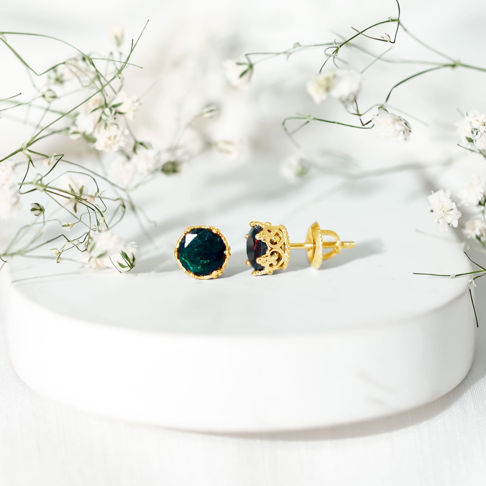Natural Black Opal Crown Stud Earrings with Screw Back AAA - Rosec Jewels