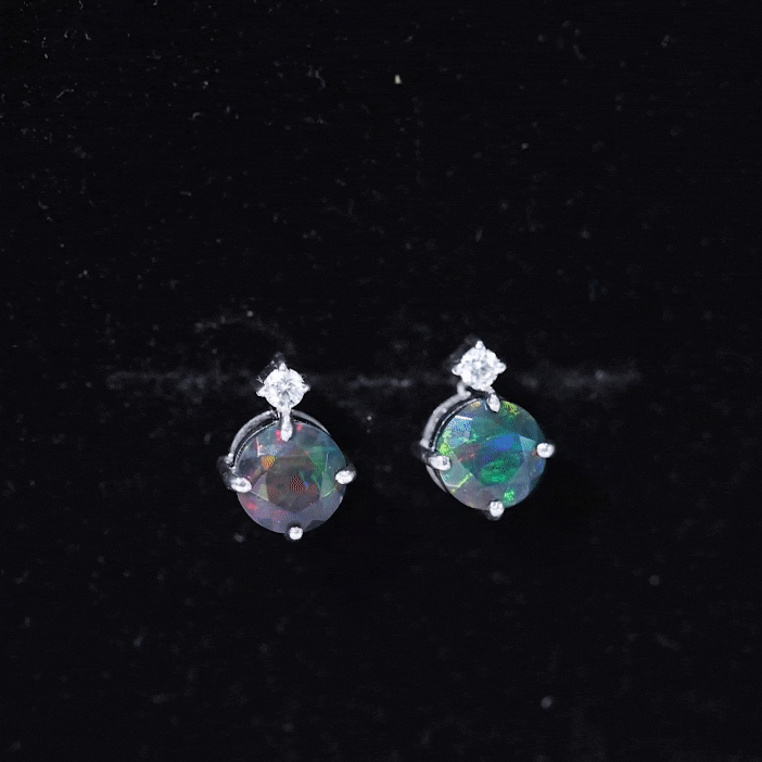 Round Black Opal Solitaire Stud Earrings with Dainty Moissanite AAA - Rosec Jewels