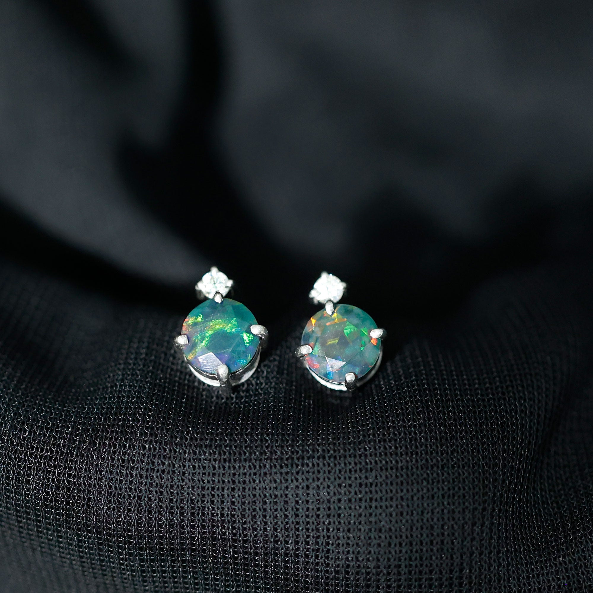 Round Black Opal Solitaire Stud Earrings with Dainty Moissanite AAA - Rosec Jewels