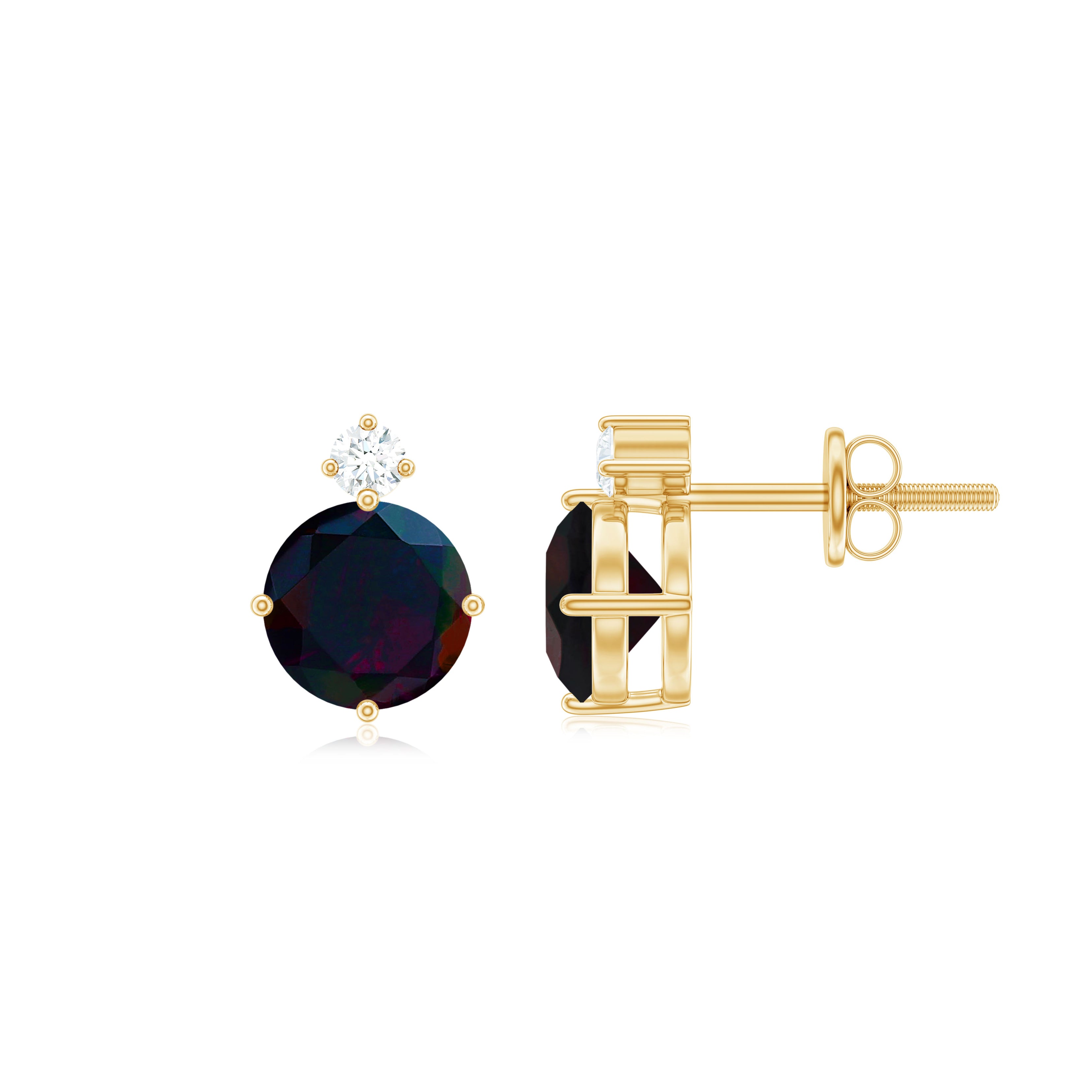 Round Black Opal Solitaire Stud Earrings with Dainty Moissanite AAA - Rosec Jewels