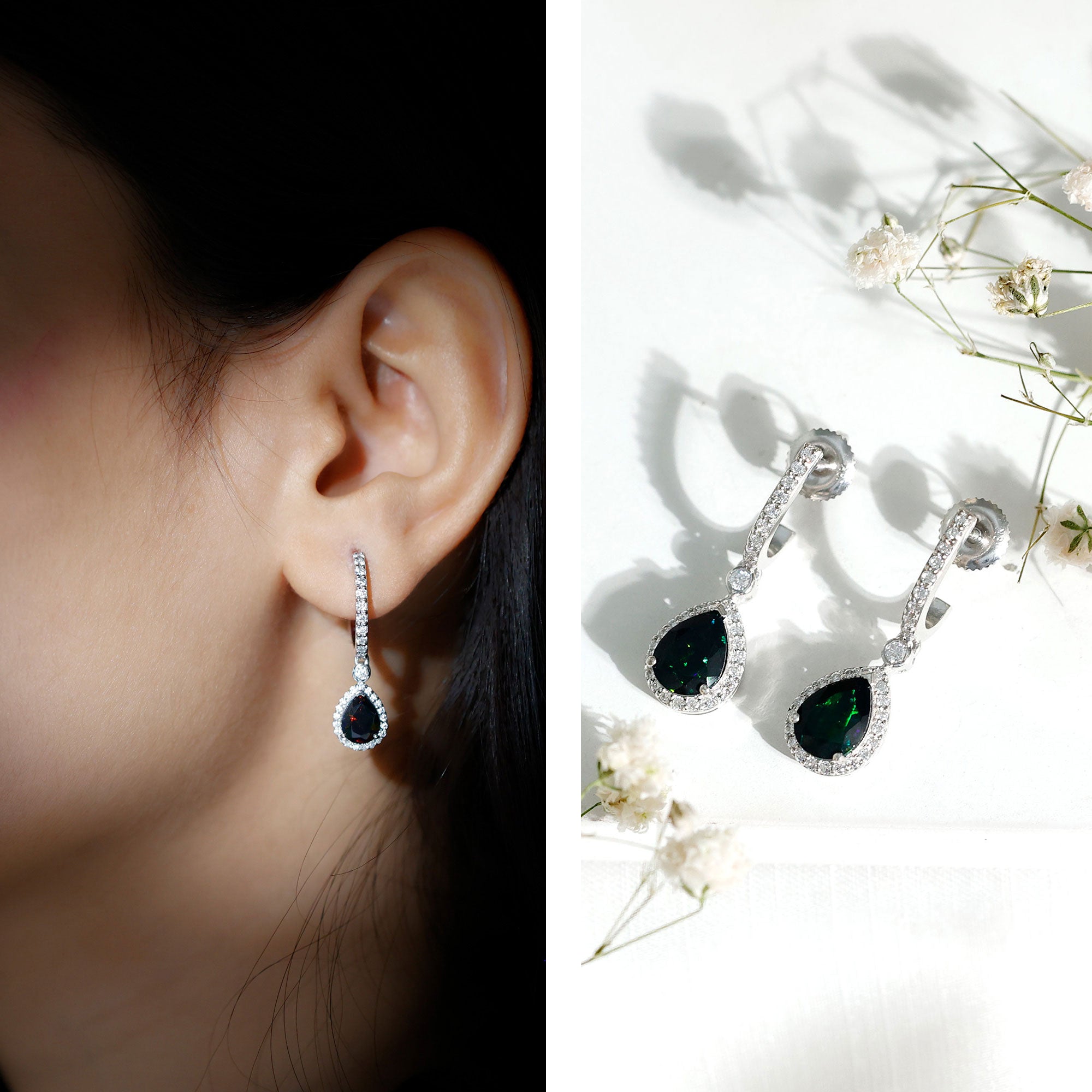 Natural 2 Carat Black Opal Teardrop Earrings with Moissanite AAA 92.5 Sterling Silver - Rosec Jewels