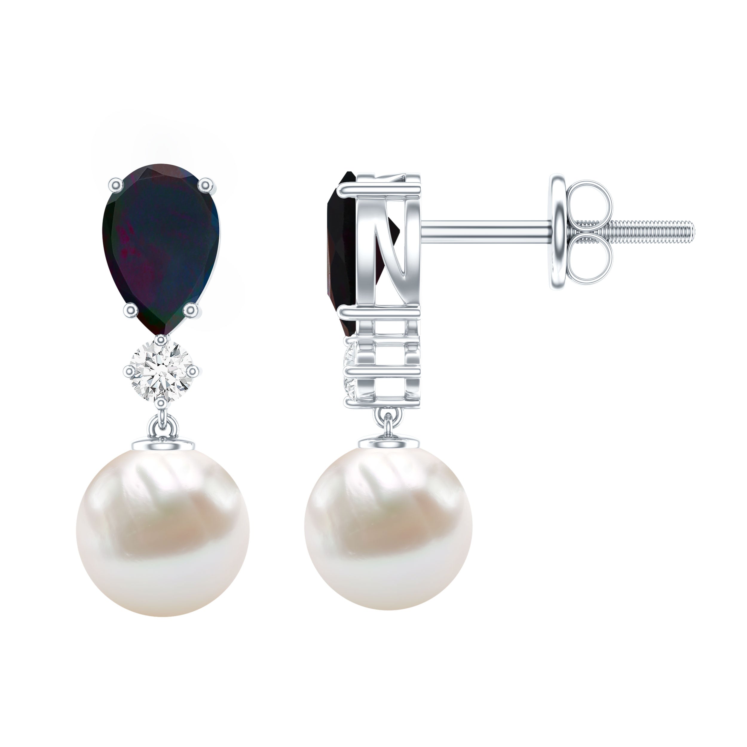 Pear Cut Black Opal and Freshwater Pearl Drop Earrings with Moissanite AAA - Rosec Jewels