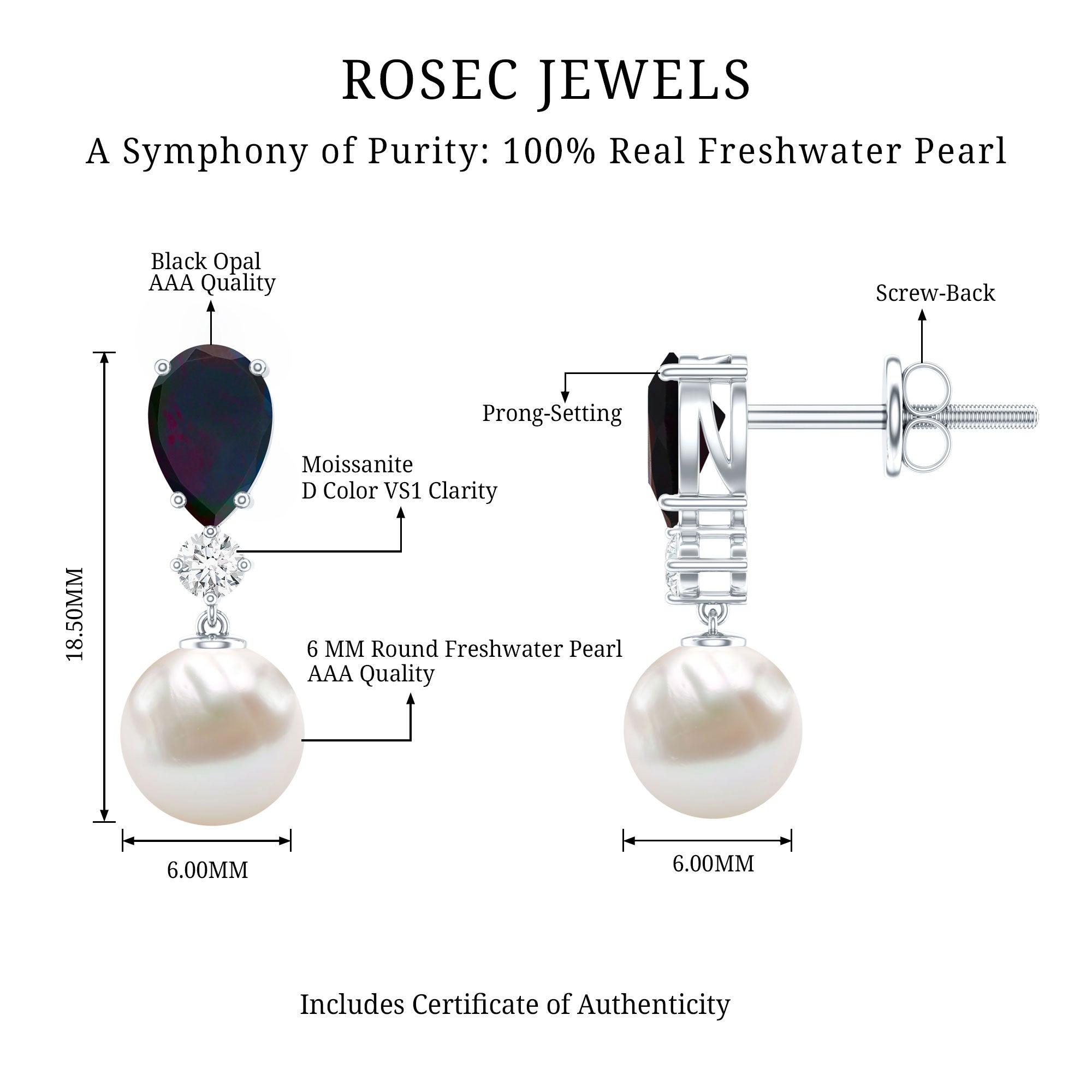 Pear Cut Black Opal and Freshwater Pearl Drop Earrings with Moissanite AAA - Rosec Jewels