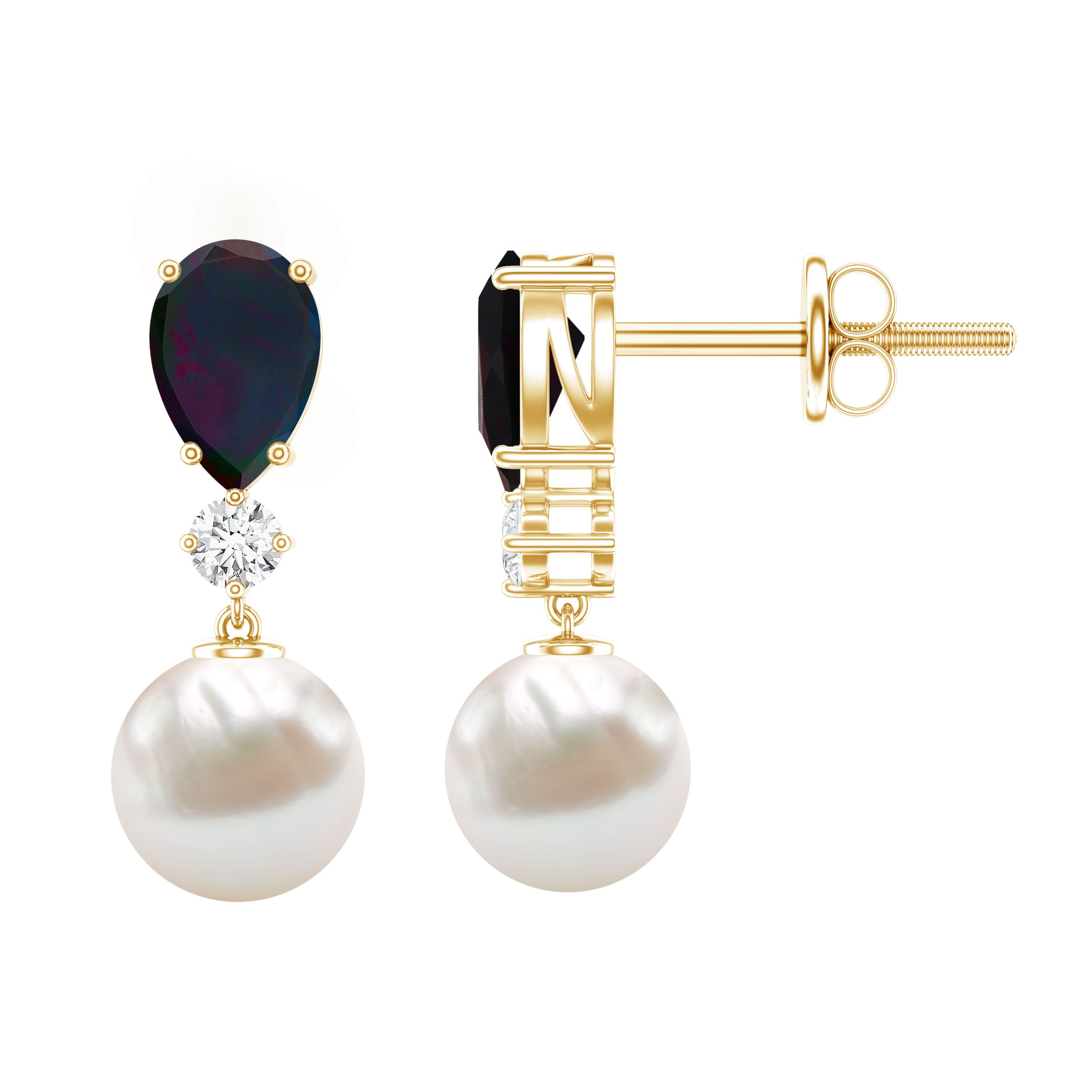 Pear Cut Black Opal and Freshwater Pearl Drop Earrings with Moissanite AAA - Rosec Jewels