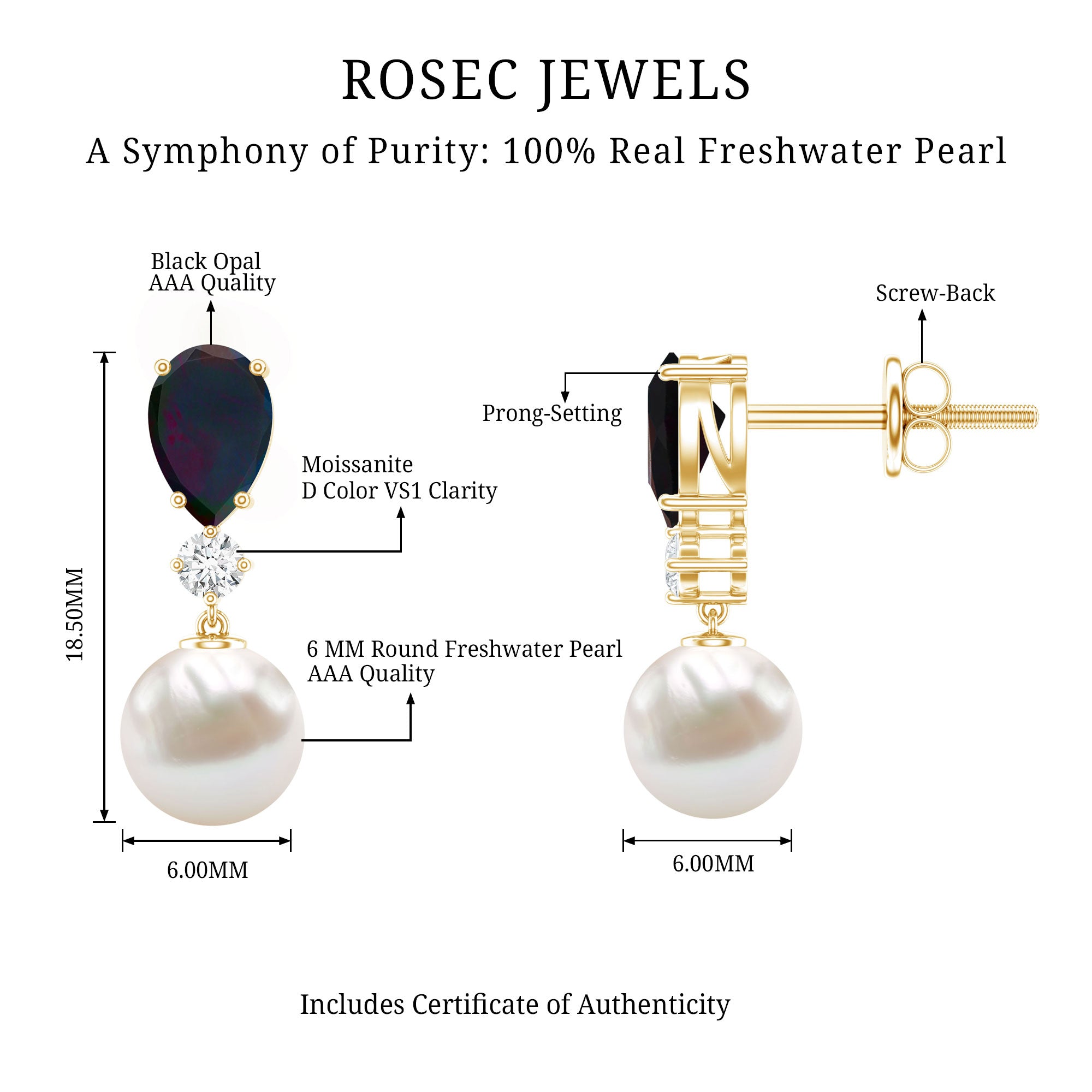 Pear Cut Black Opal and Freshwater Pearl Drop Earrings with Moissanite AAA - Rosec Jewels