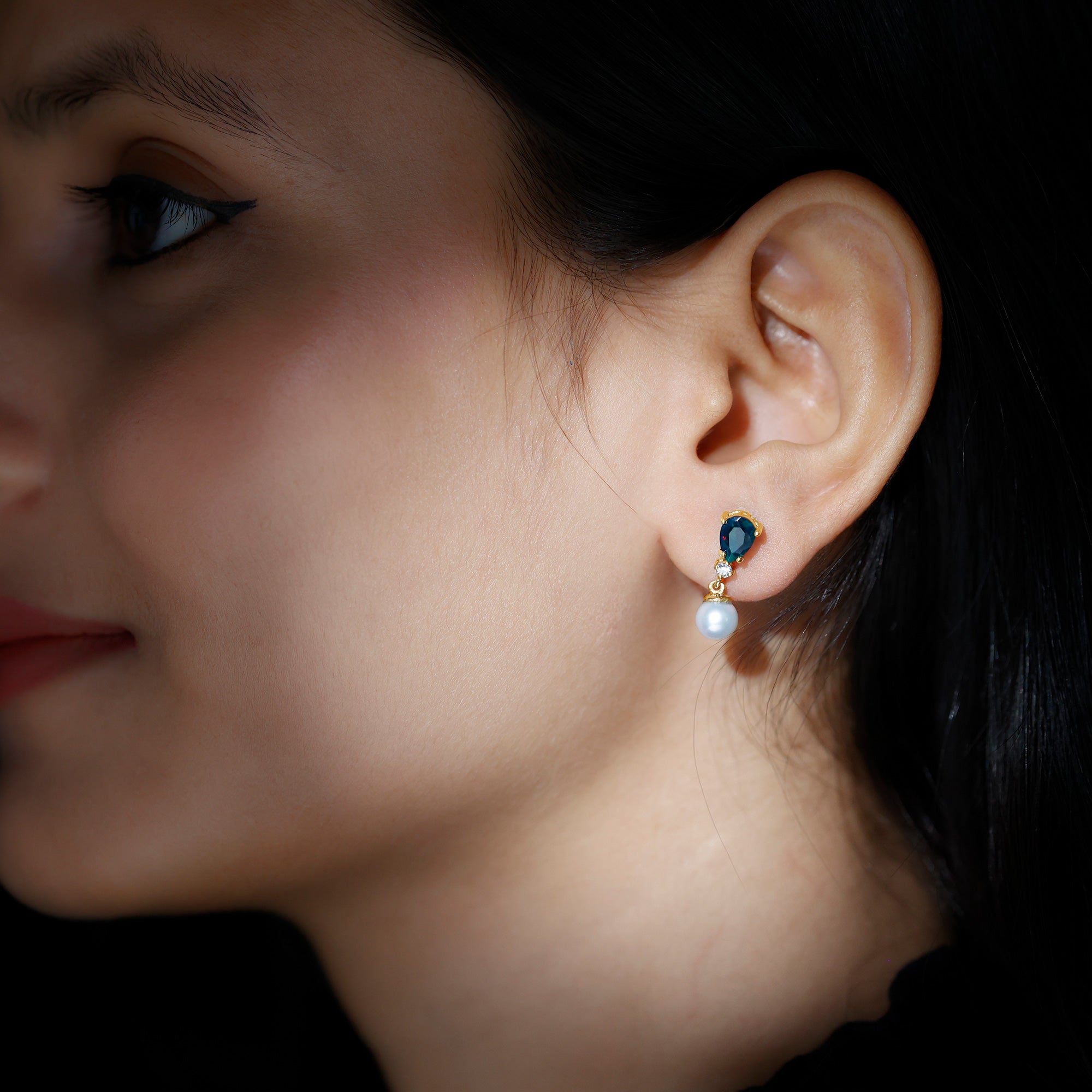 Pear Cut Black Opal and Freshwater Pearl Drop Earrings with Moissanite AAA - Rosec Jewels