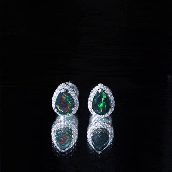 Classic Pear Cut Black Opal and Moissanite Halo Stud Earrings AAA - Rosec Jewels