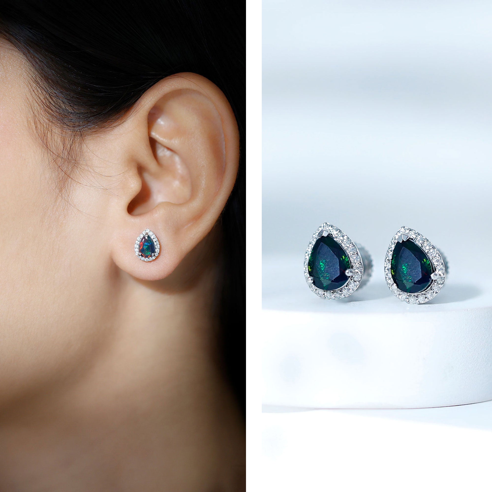 Classic Pear Cut Black Opal and Moissanite Halo Stud Earrings AAA - Rosec Jewels
