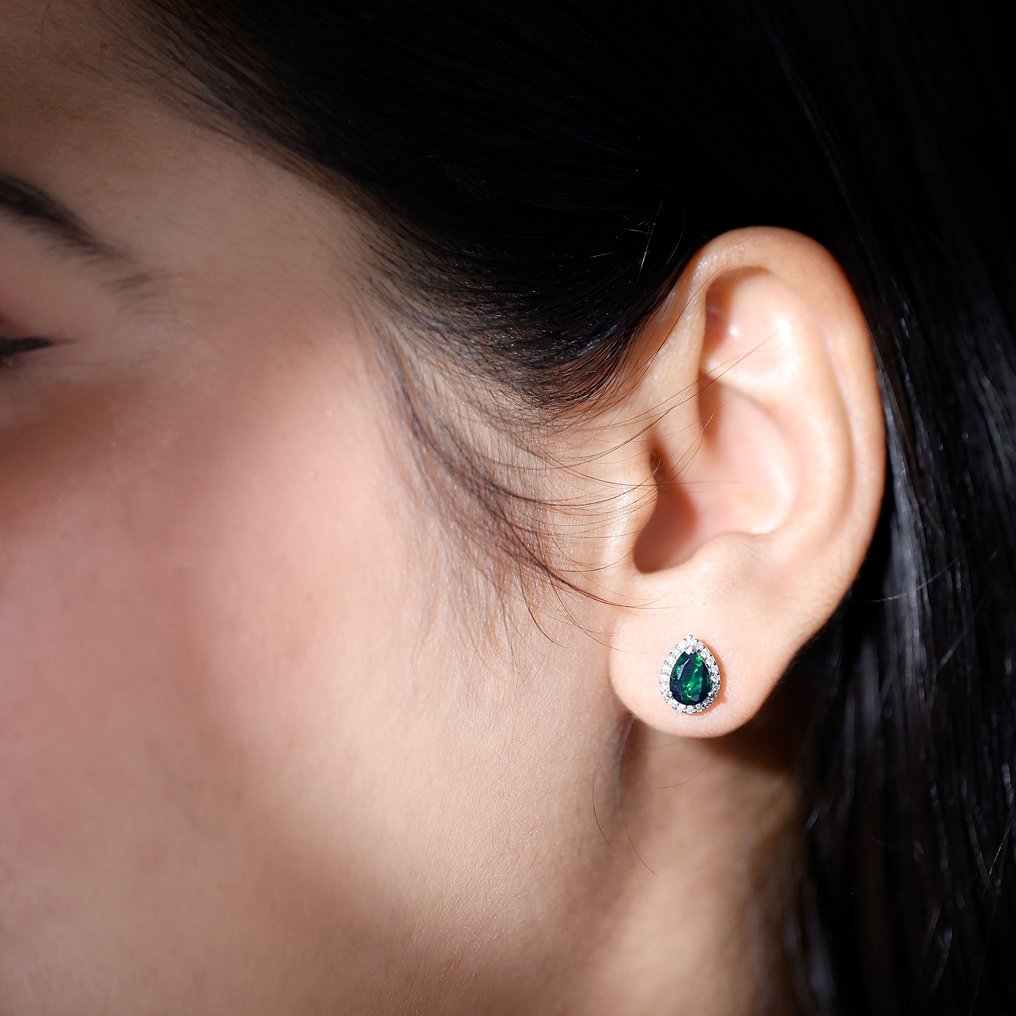 Classic Pear Cut Black Opal and Moissanite Halo Stud Earrings AAA - Rosec Jewels