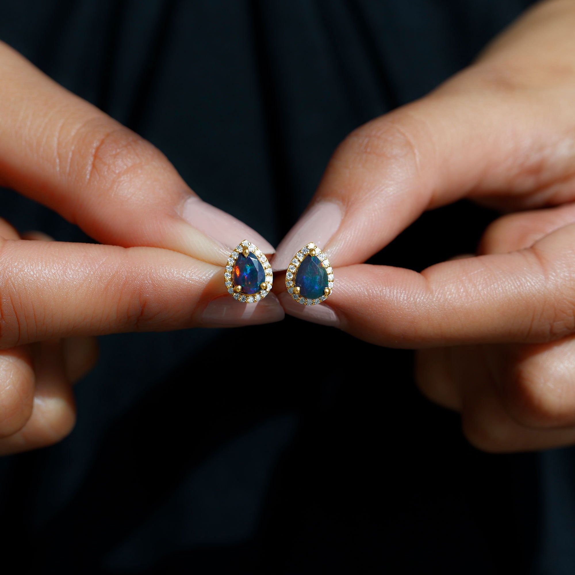Classic Pear Cut Black Opal and Moissanite Halo Stud Earrings AAA - Rosec Jewels