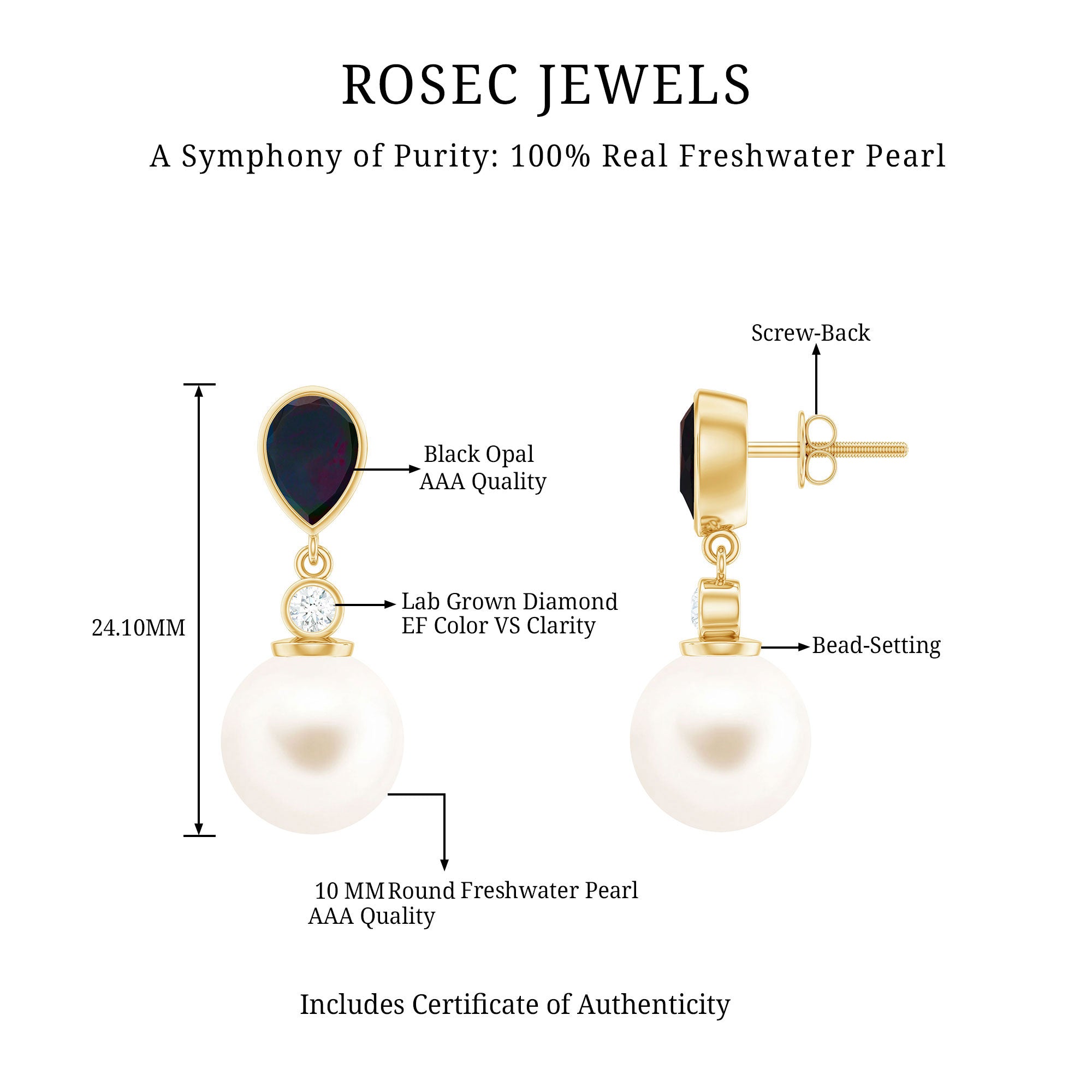 Freshwater Pearl Drop Earrings with Black Opal and Diamond AAA - Rosec Jewels
