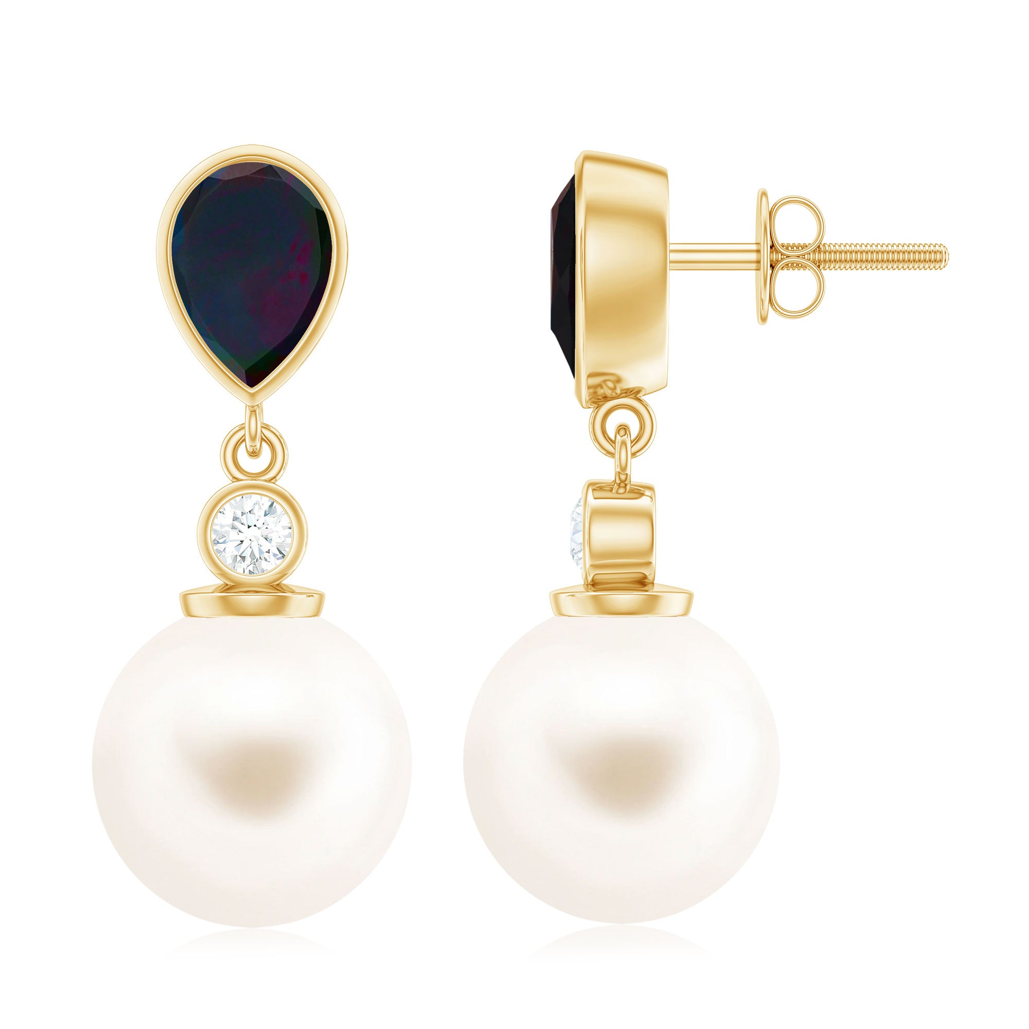 Freshwater Pearl Drop Earrings with Black Opal and Diamond AAA - Rosec Jewels