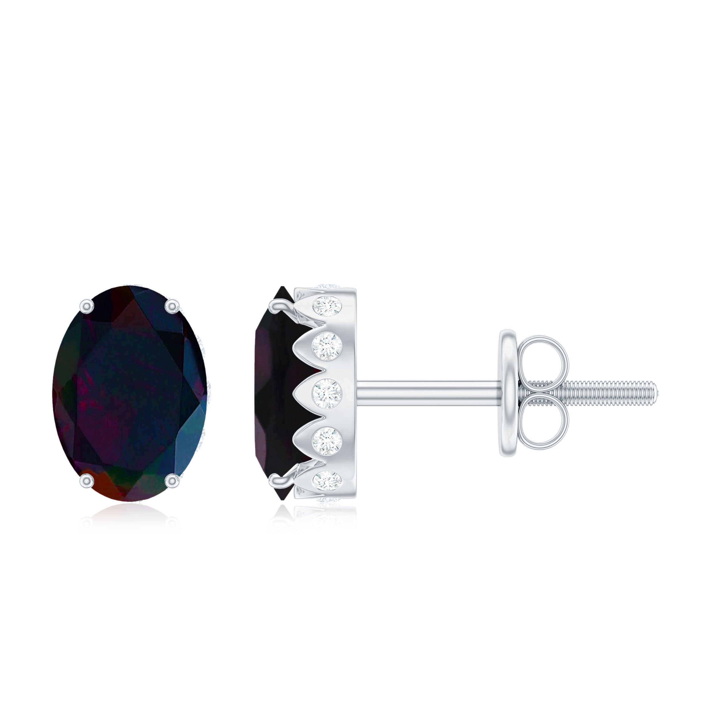 2 CT Oval Black Opal Solitaire Silver Stud Earrings with Moissanite Black Opal - ( AAA ) - Quality 92.5 Sterling Silver - Rosec Jewels
