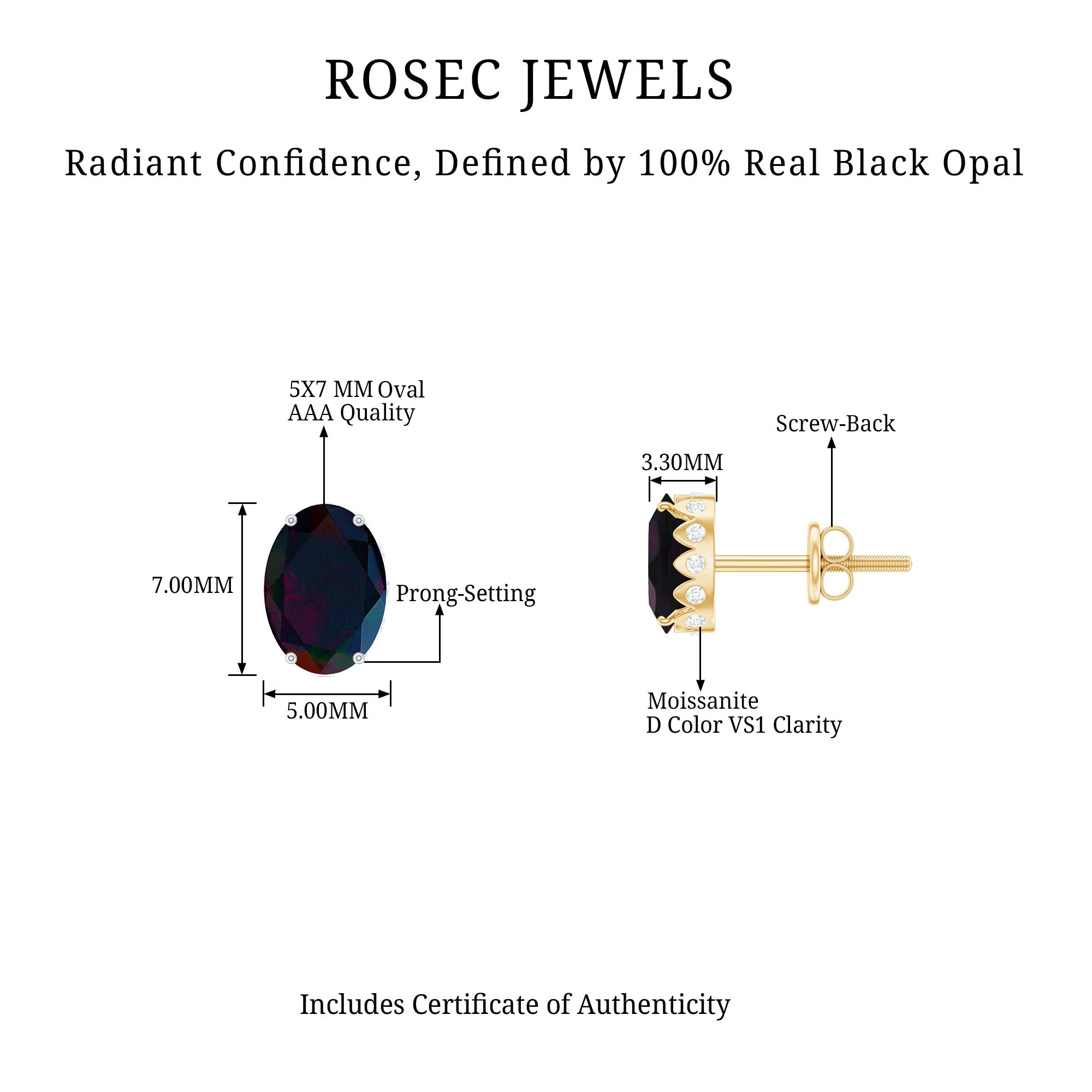 1.8 Carat Oval Black Opal Solitaire Stud Earrings with Diamond AAA - Rosec Jewels