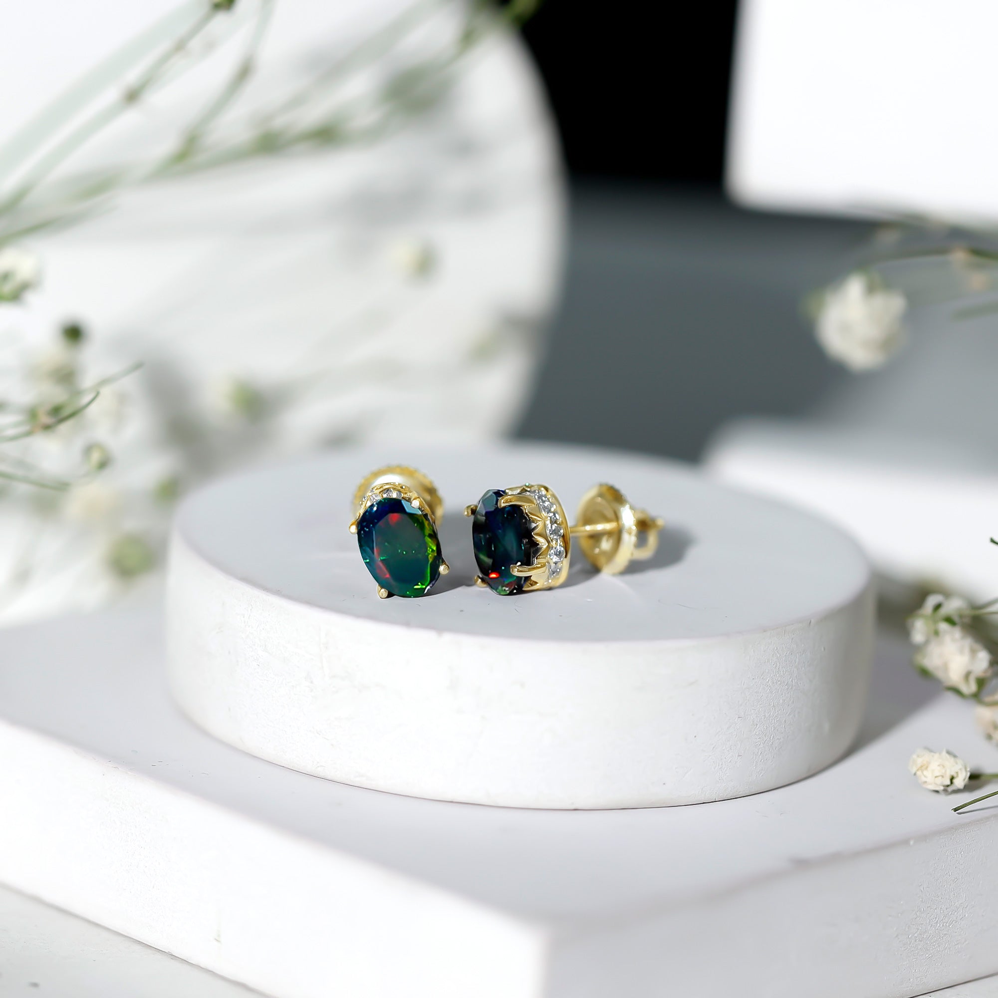 1.8 Carat Oval Black Opal Solitaire Stud Earrings with Diamond AAA - Rosec Jewels