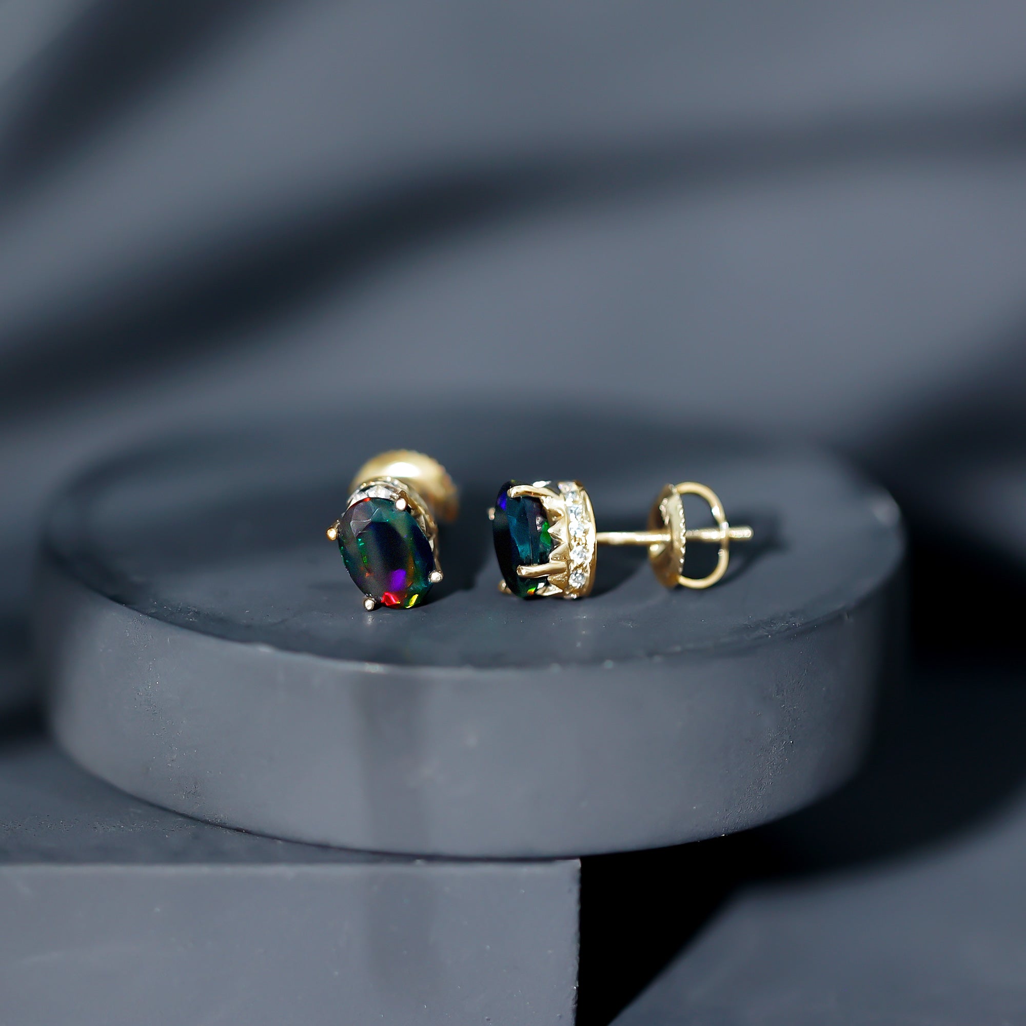 1.8 Carat Oval Black Opal Solitaire Stud Earrings with Diamond AAA - Rosec Jewels