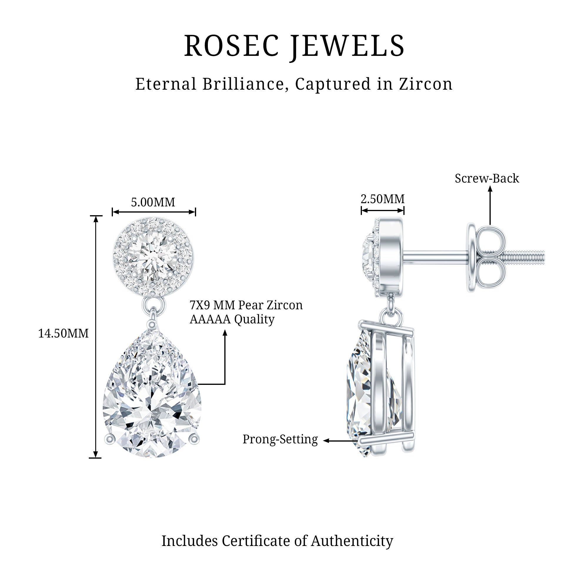 Certified 7X9 MM Zirconia Pear Drop Earrings for Wedding AAAA 92.5 Sterling Silver - Rosec Jewels