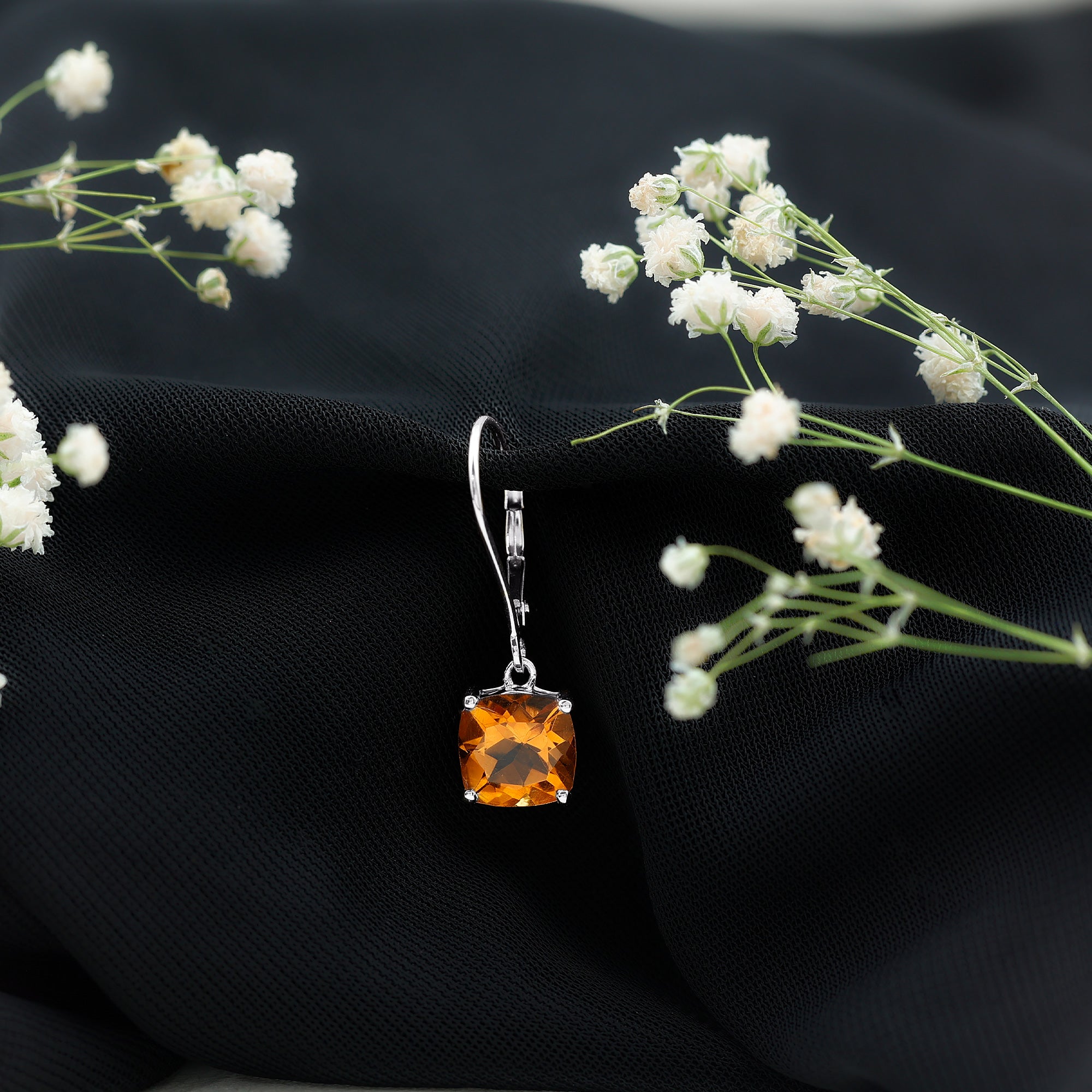 8MM Cushion Cut Citrine Solitaire Drop Earrings AAA - Rosec Jewels
