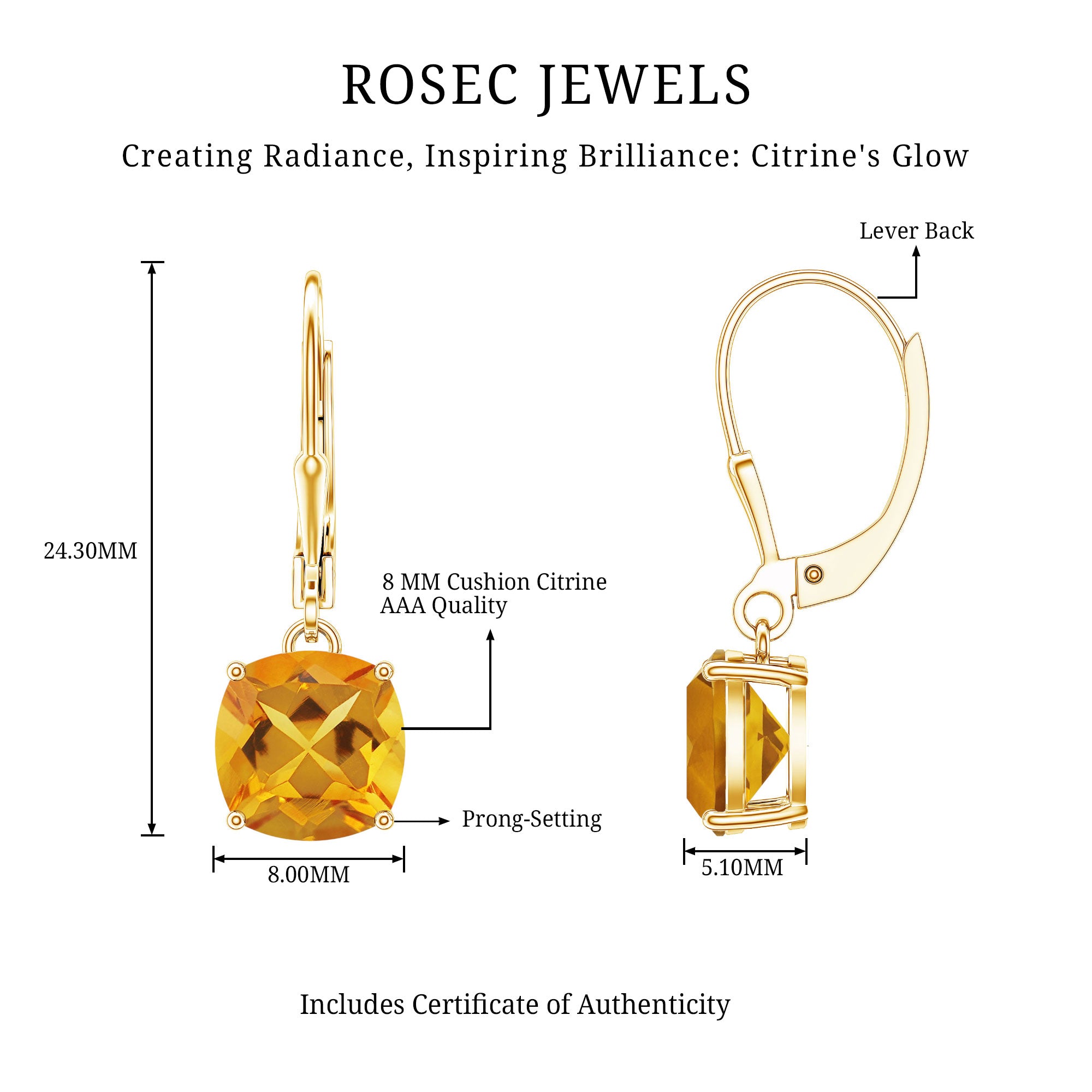 8MM Cushion Cut Citrine Solitaire Drop Earrings AAA - Rosec Jewels